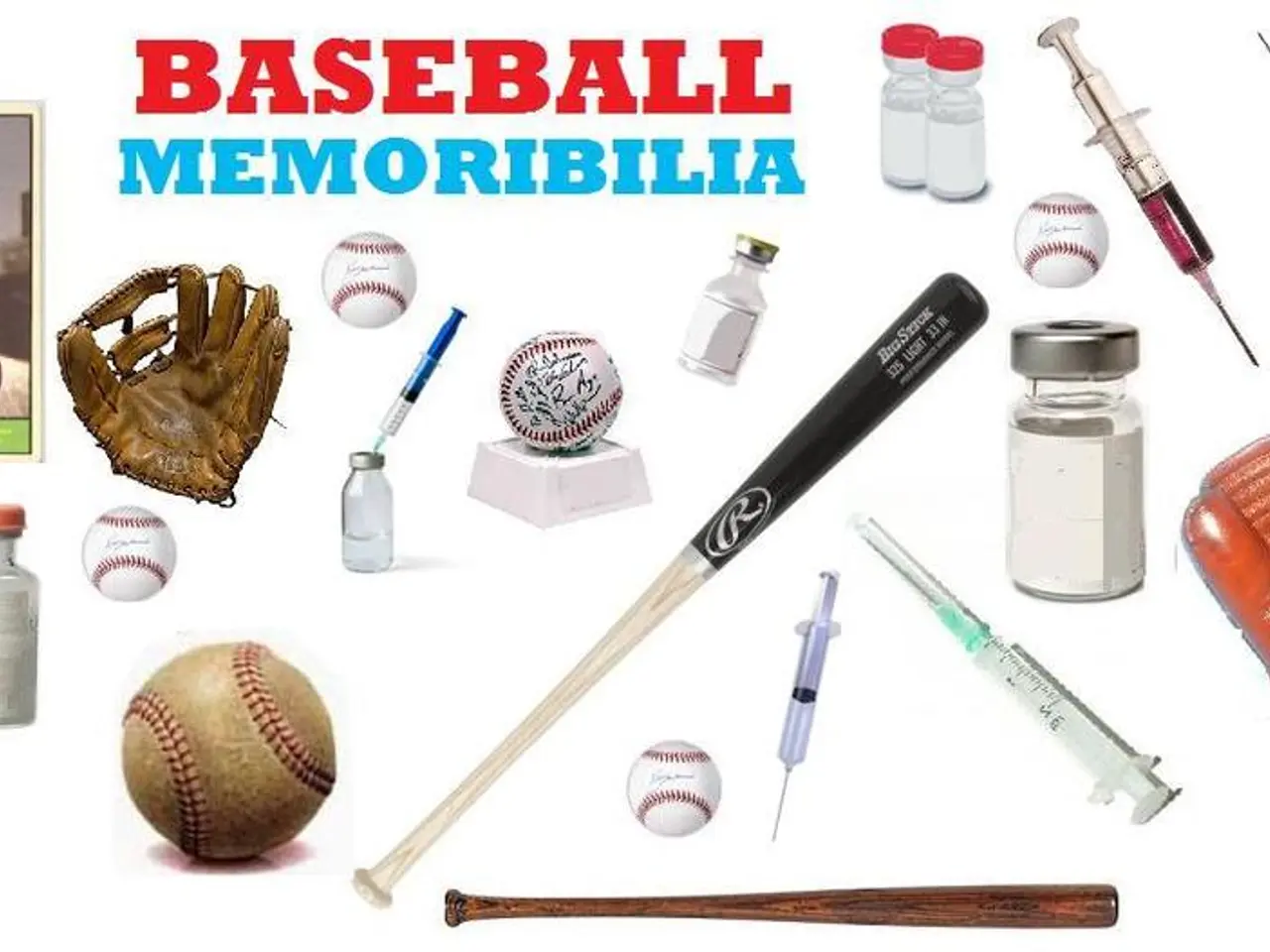 In this image, we can see a photograph, gloves, injections, bottles, balls and baseball bats on the...