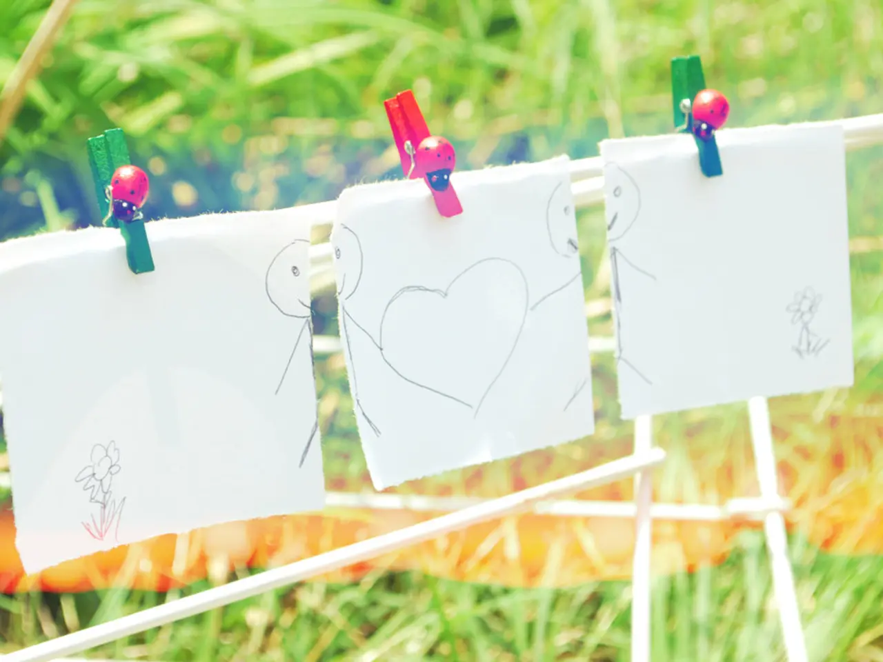 There is a white color stand. On that there are three papers with drawings are hanged with clips....