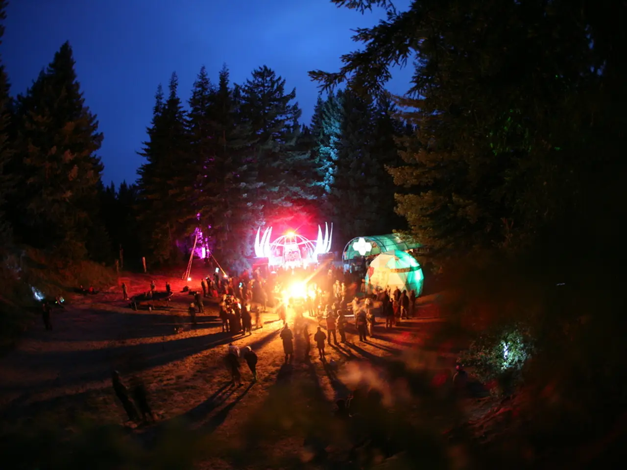 In this picture there is a group of men and women enjoying the party. Behind there are some red and...