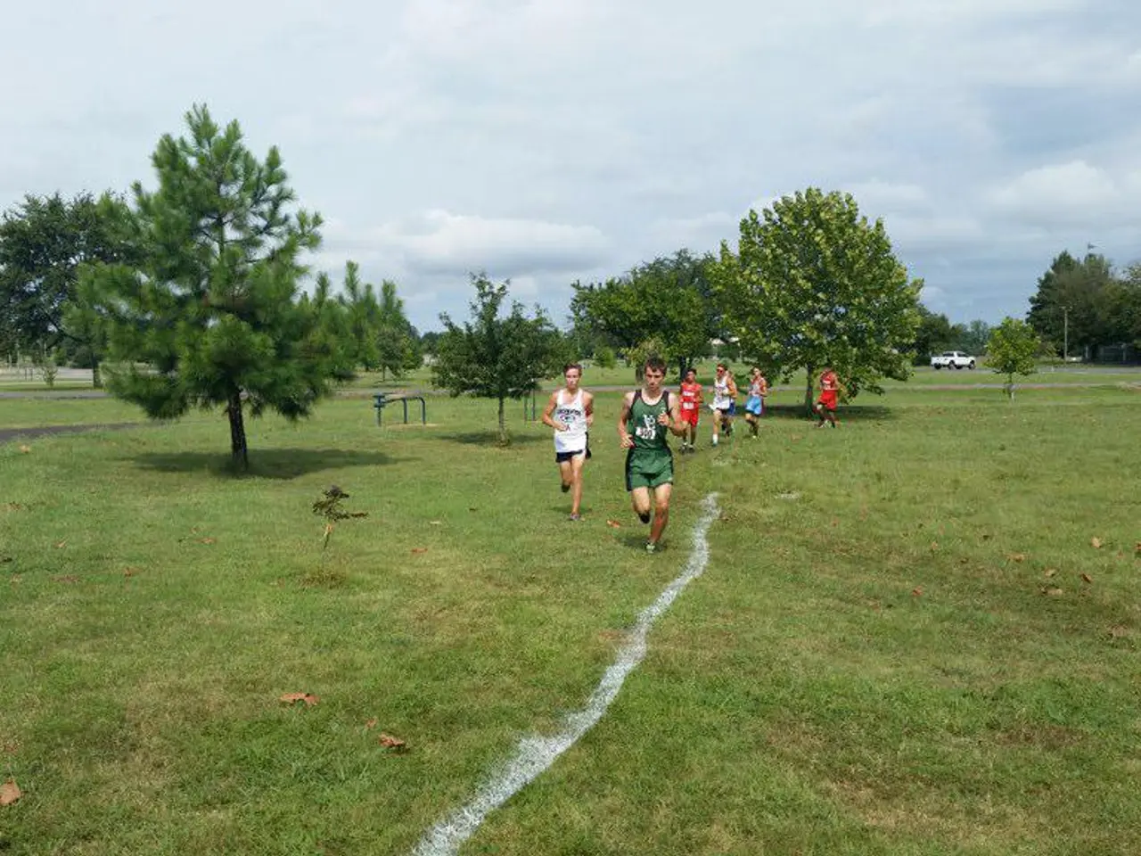 In this image I can see few men are wearing t-shirts, shorts and running in the ground. At the...