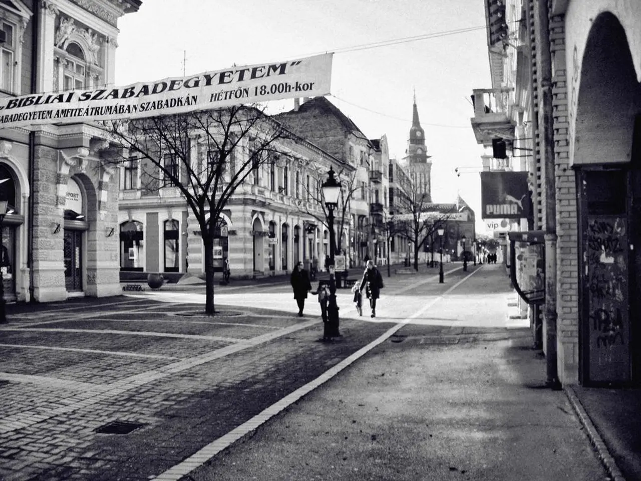 In the picture I can see the buildings on both sides of the road. There is a banner on the top left...