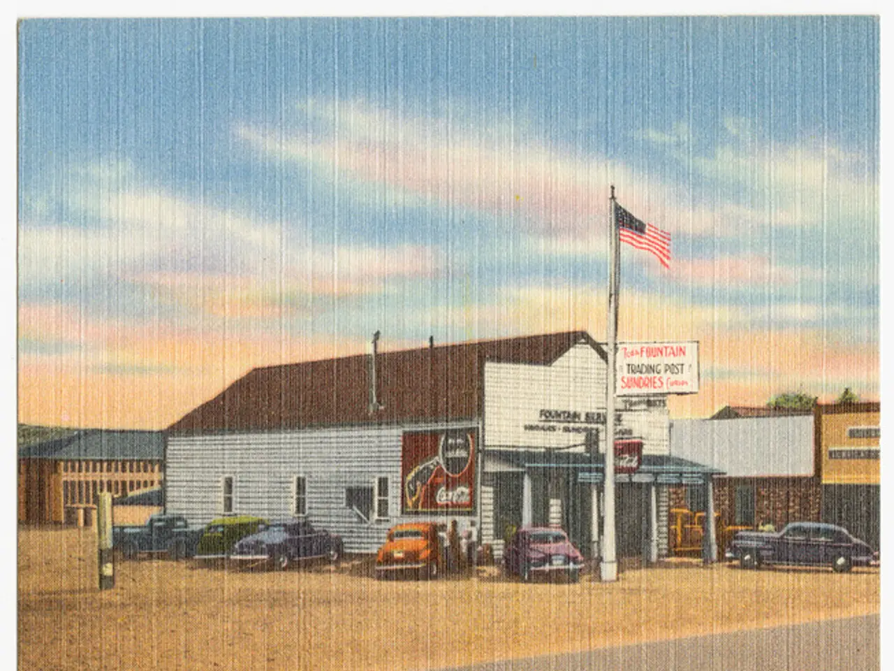 It is a poster. In the poster we can see some vehicles, building, pole, flag, banner and clouds and...