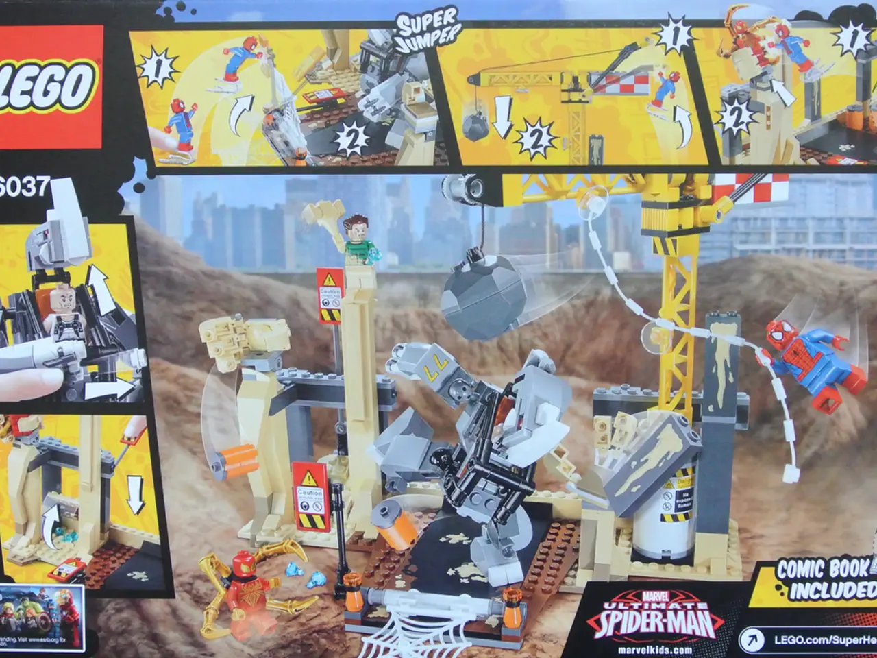 In this picture I can see buildings, the sky, toys, logos and some other pictures. I can also see...