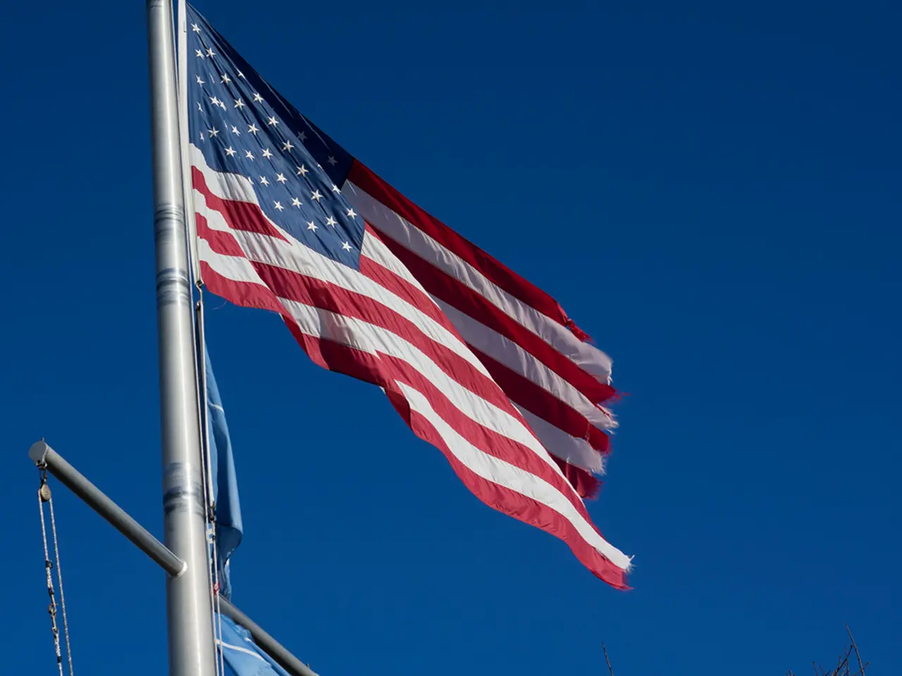 In this picture there is an american flag on the left side of the image.