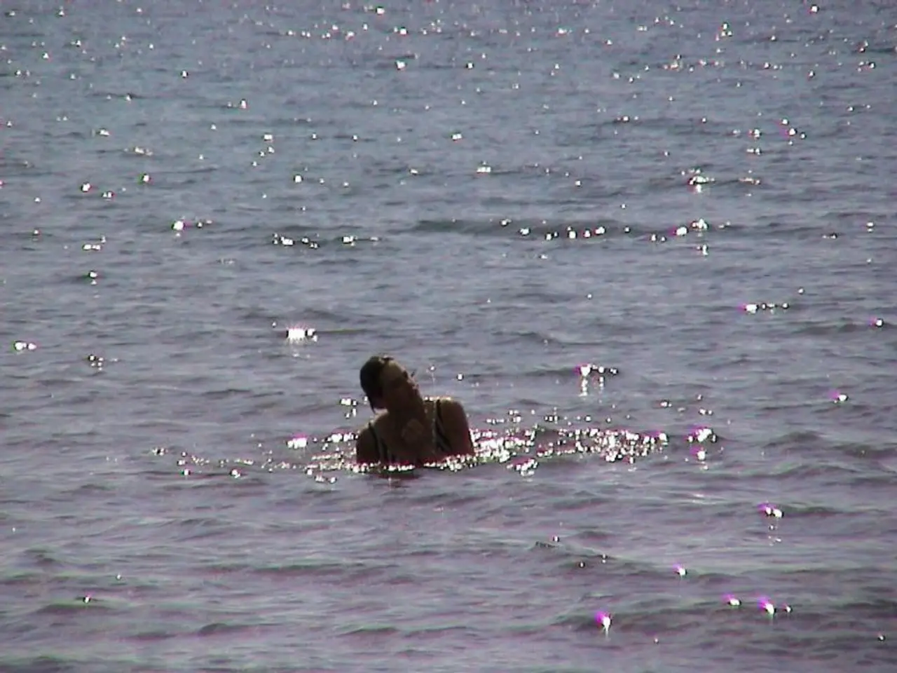 In the foreground of this picture, there is a woman in the water.