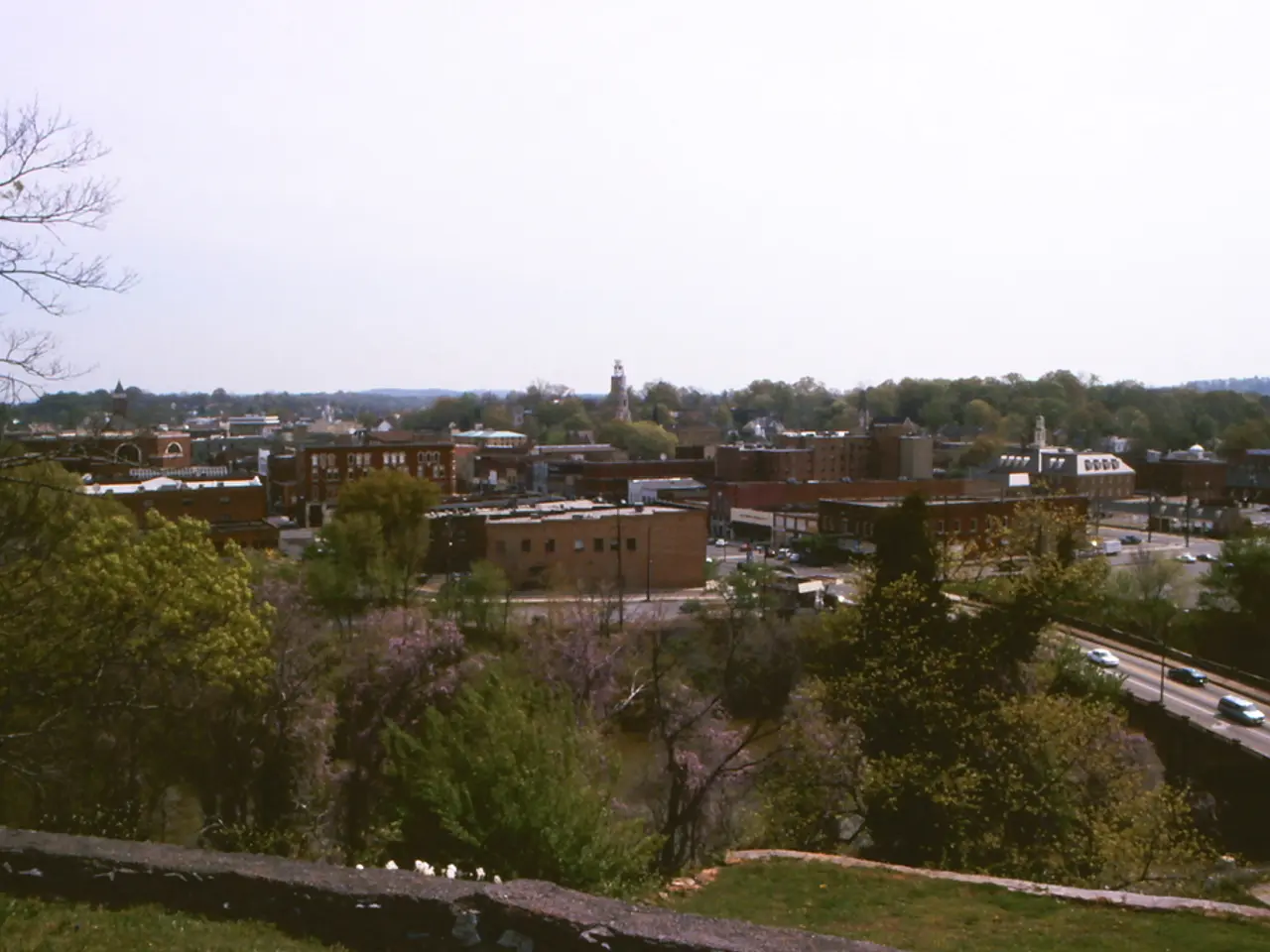This is a picture of a city, where there are buildings, trees, poles, roads, vehicles , sky.