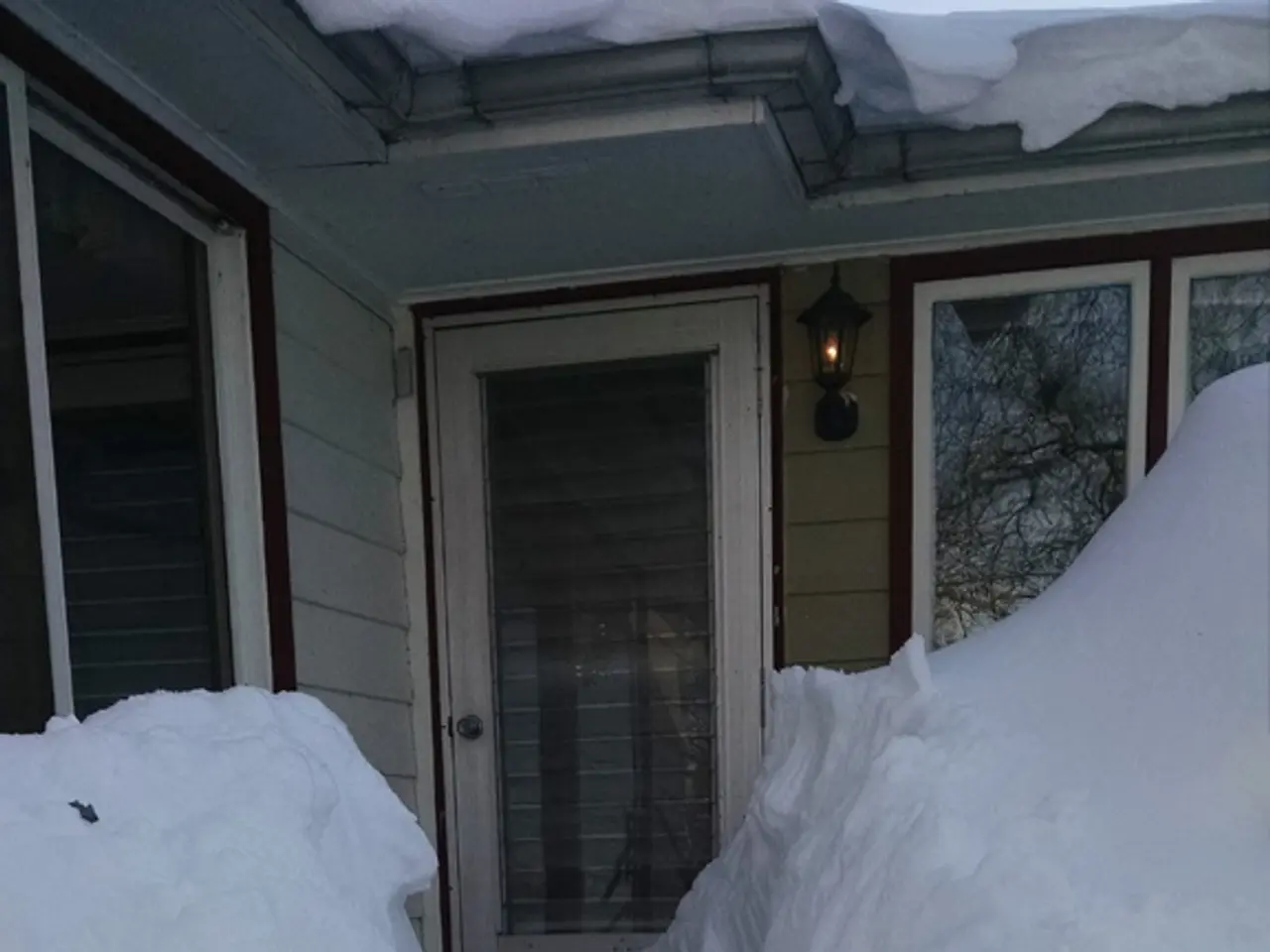 In this image there is a wall of a house. There are windows and a door to the wall. There is a wall...