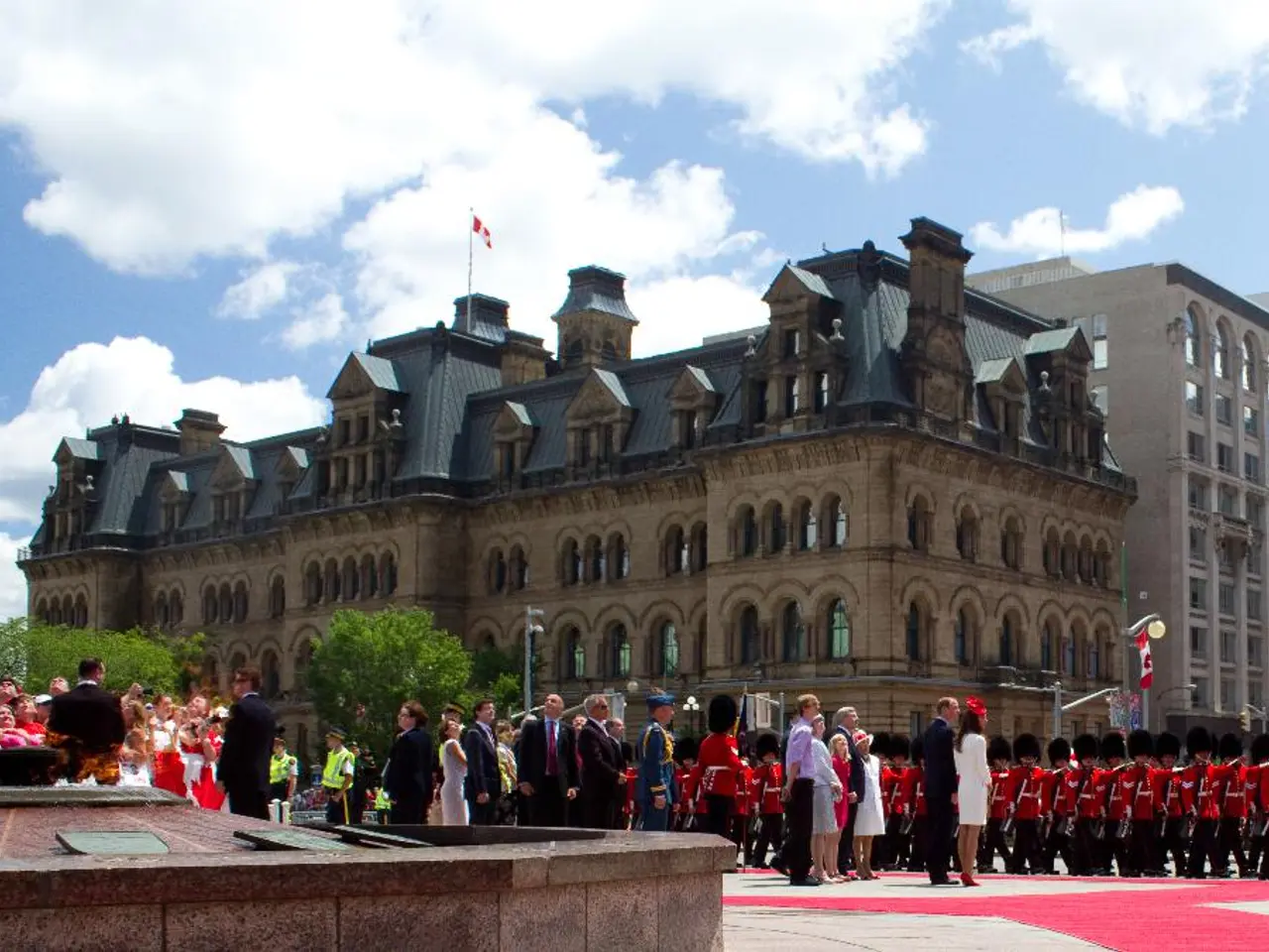 There are people at the bottom side of the image and there are people performing parade and there...