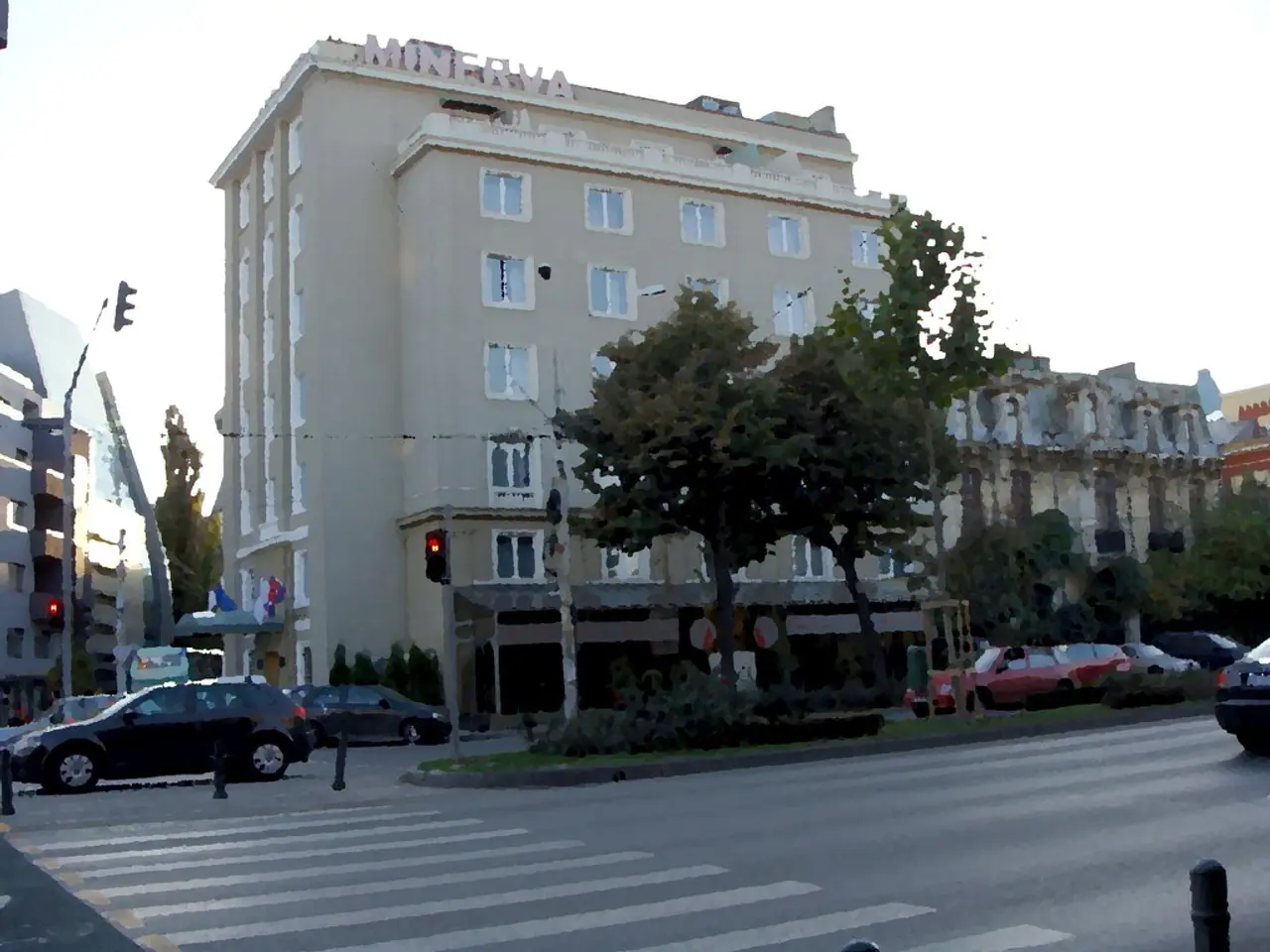 This edited image is clicked on the road. There are vehicles moving on the road. On the divider...