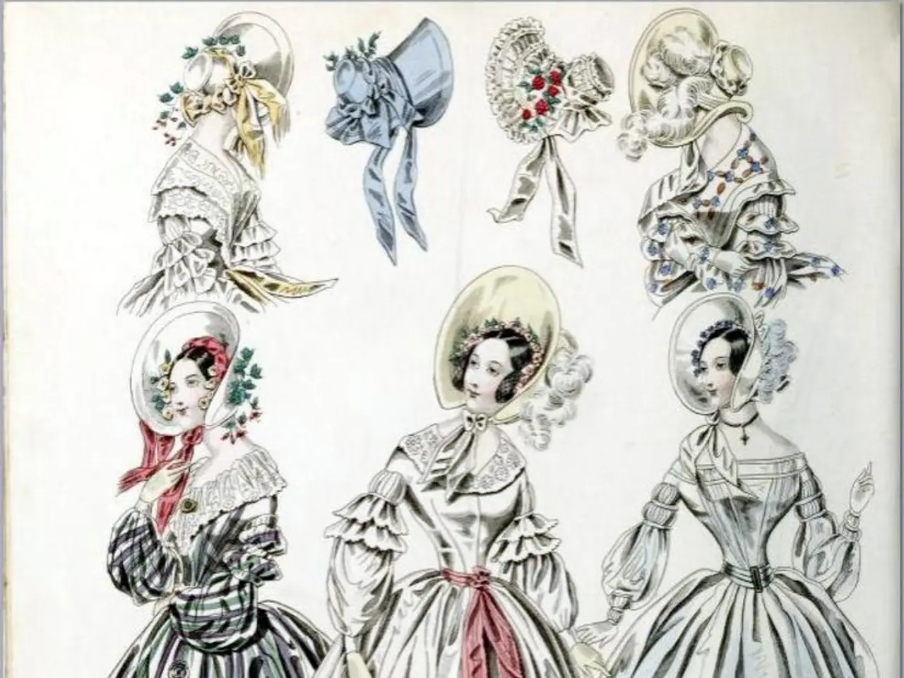 In this image we can see the pictures of women and hats on the paper. At the bottom of the image we...