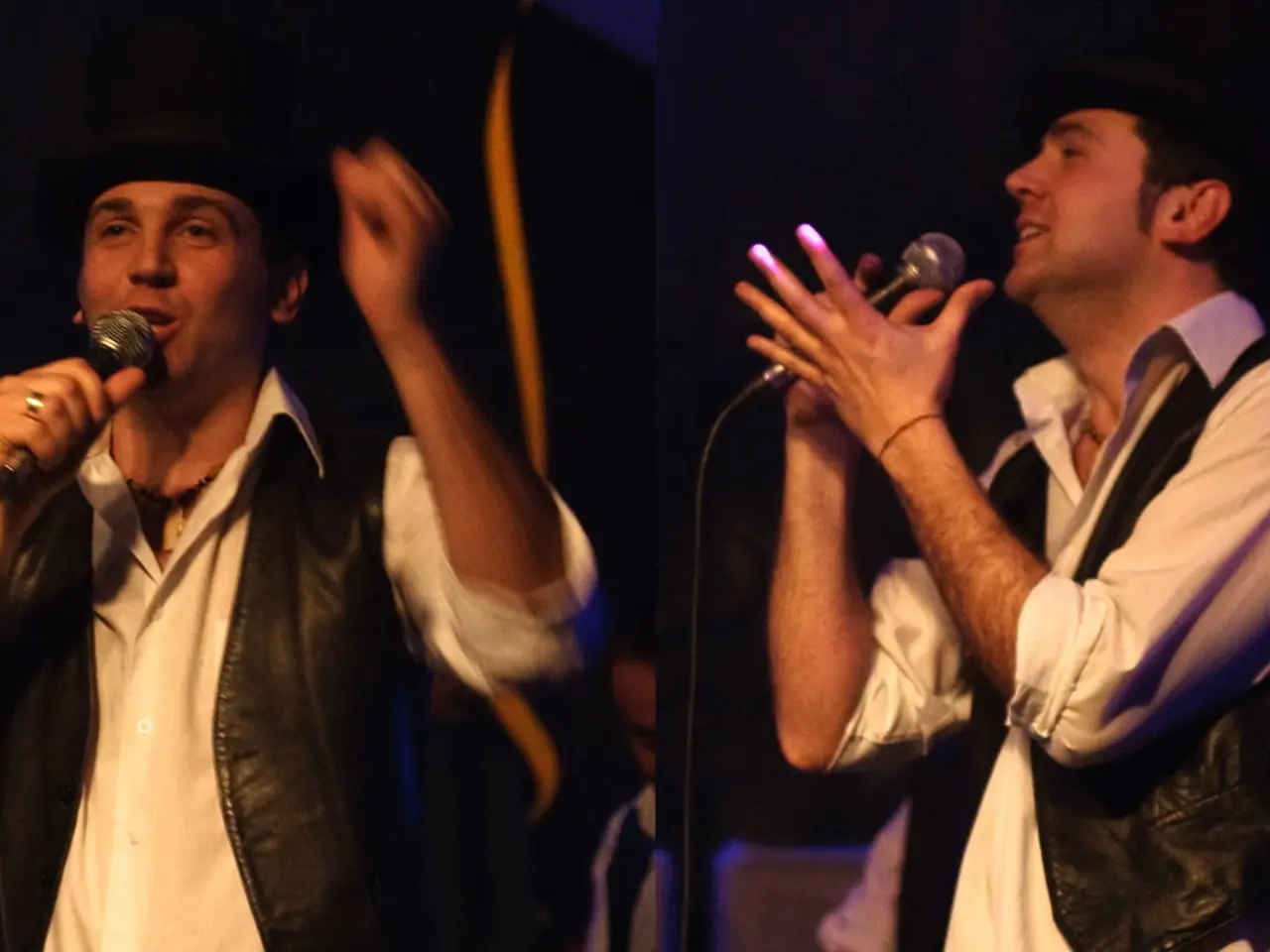 This picture describes about group of people, in front of the image two persons are singing with...