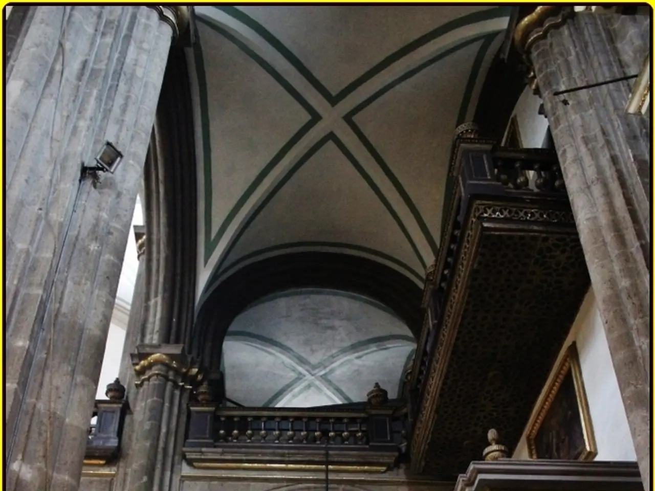 Picture looks like it is inside a palace there are cupboards and lights to the pillars and...