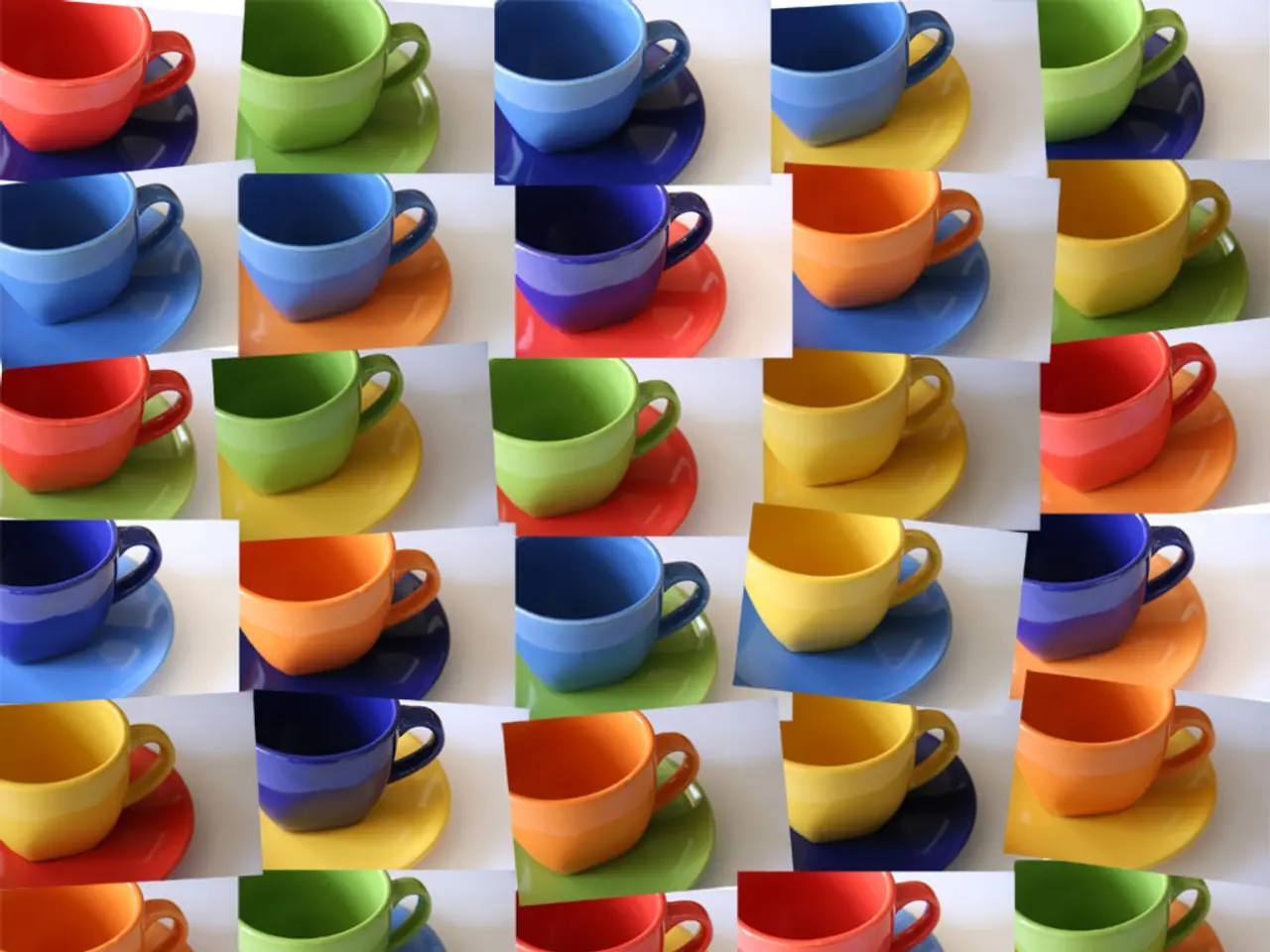 This a collage picture of different colorful cups and saucers.