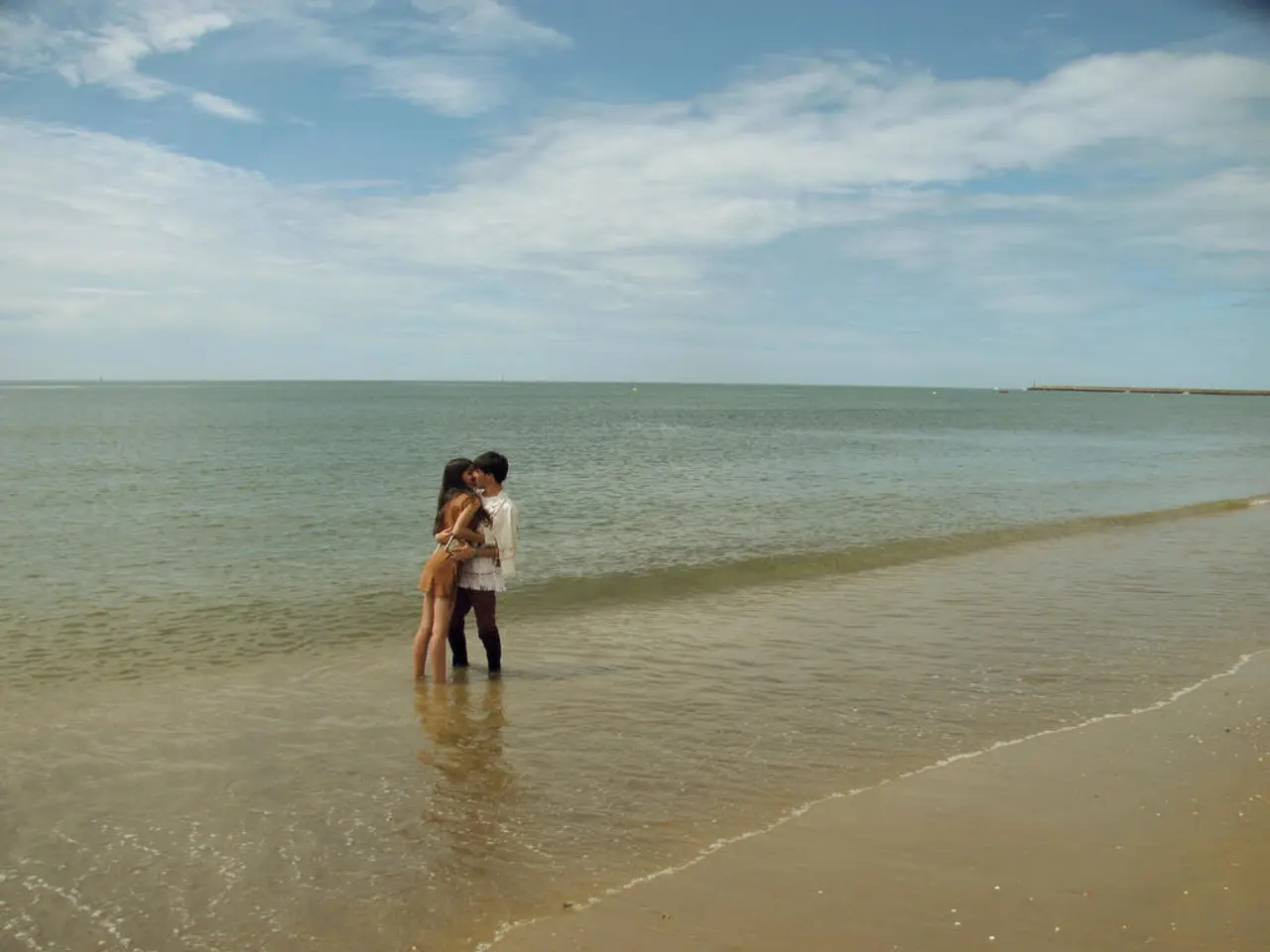 In the picture we can see a man and woman are standing and kissing each other.