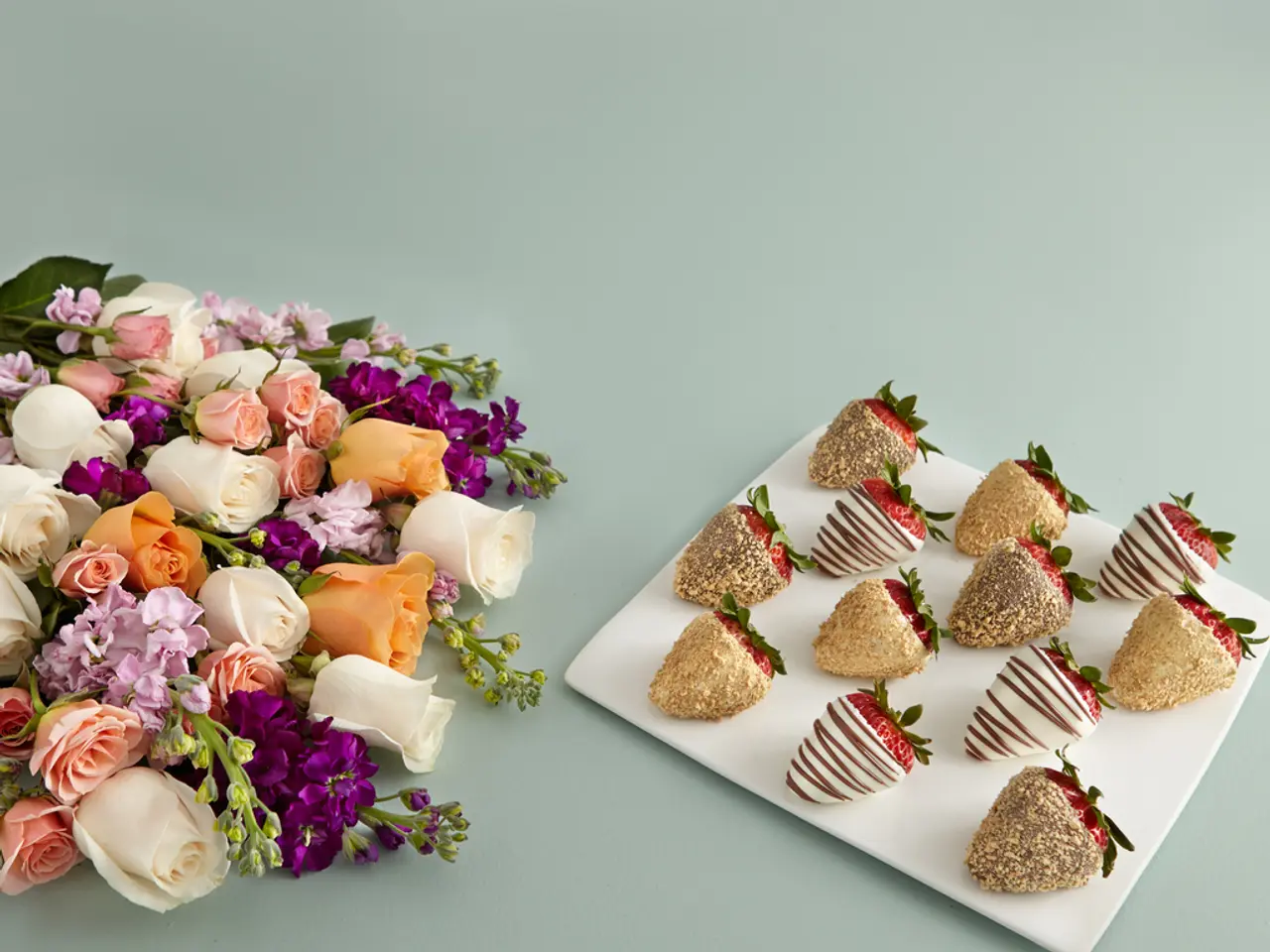 On the left there are different colors of flowers on a platform and on the right there are...