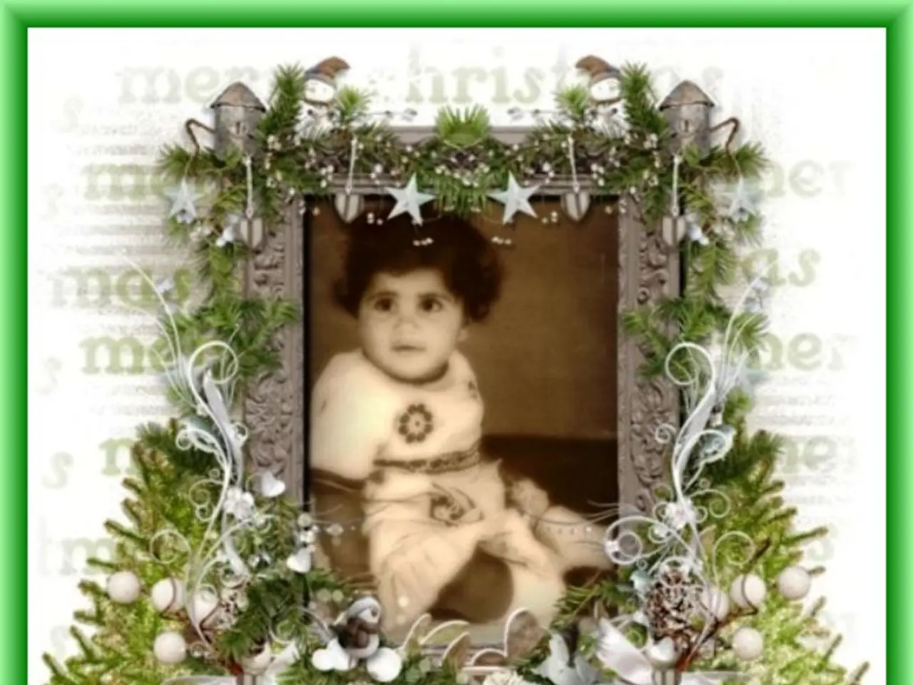 In this picture we can see a photo frame, in the frame we can find a child.