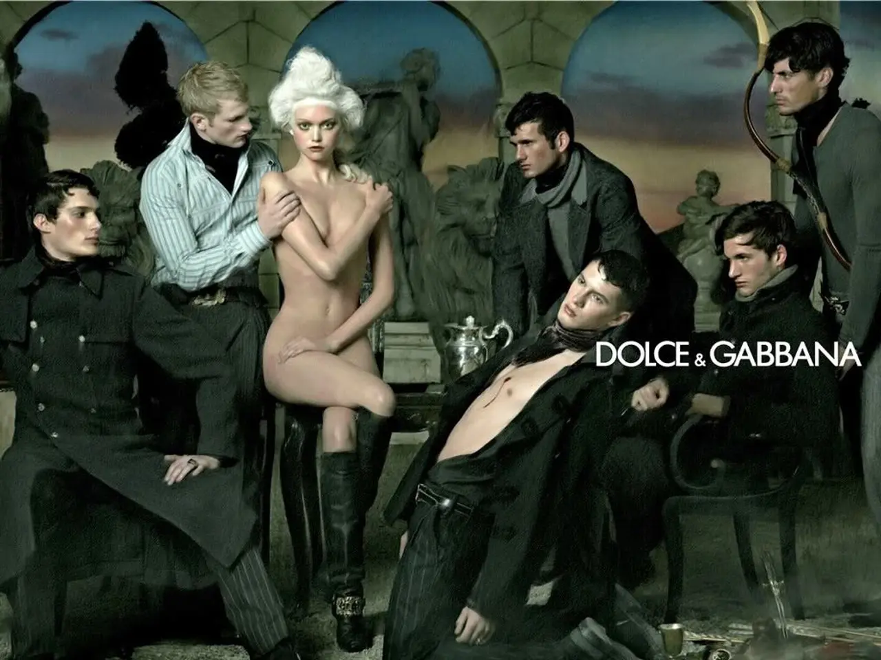 This image is a painting. In this image we can see women, men, chair, statues, pillars, sky and...