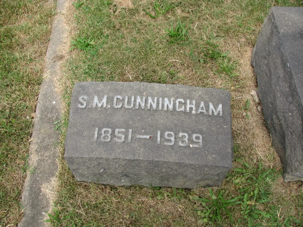 In this picture, it seems like a headstone in the foreground area of the image, on the grassland,...