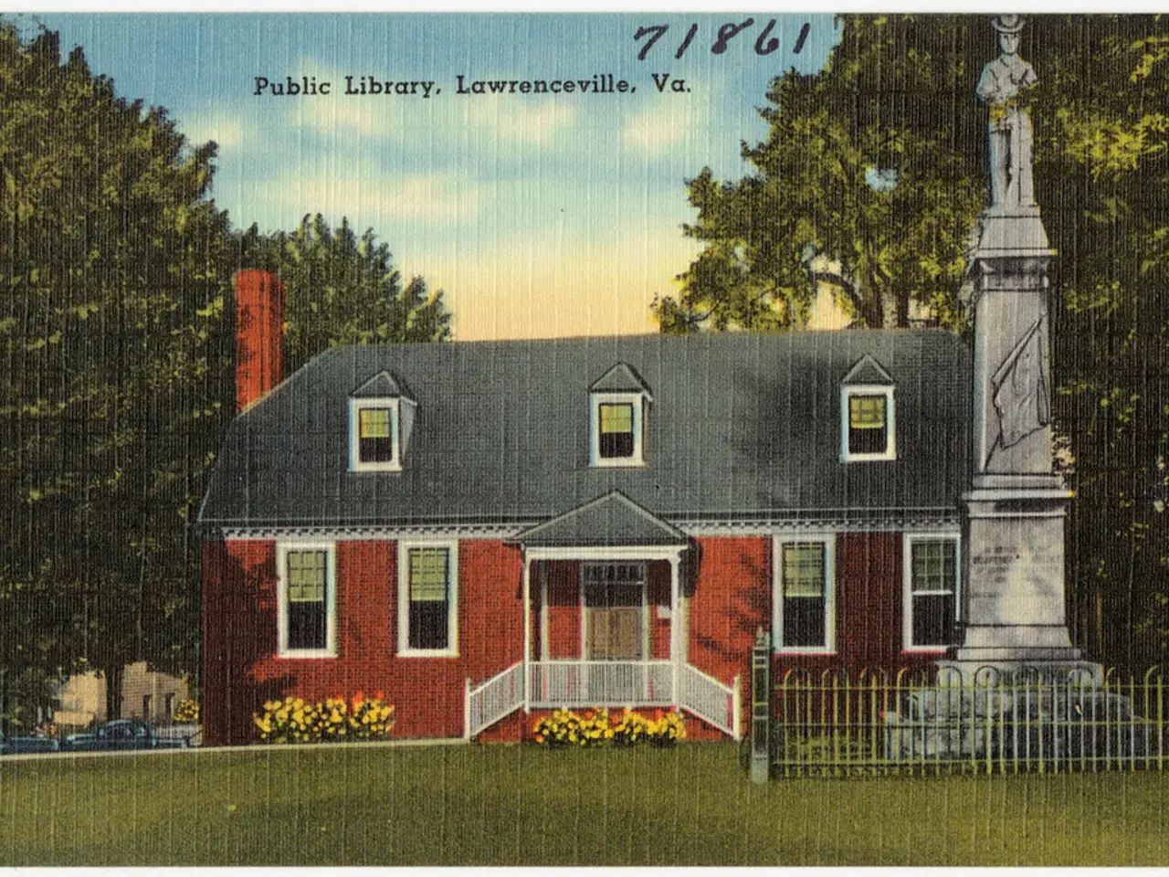 This is a photo and here we can see sheds and there are trees, flower plants and there are railings...