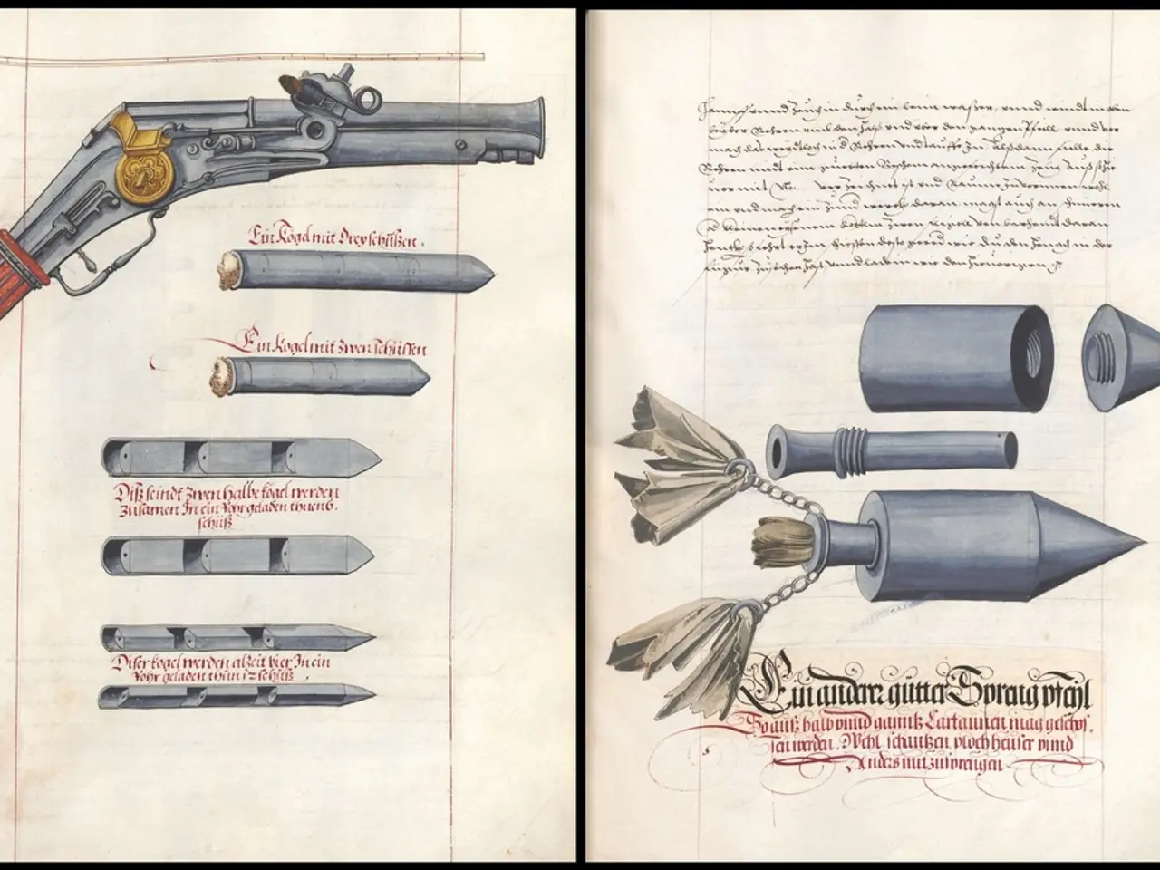 On the left side page, there is a painting of a gun and paintings of the bullets, there are texts...