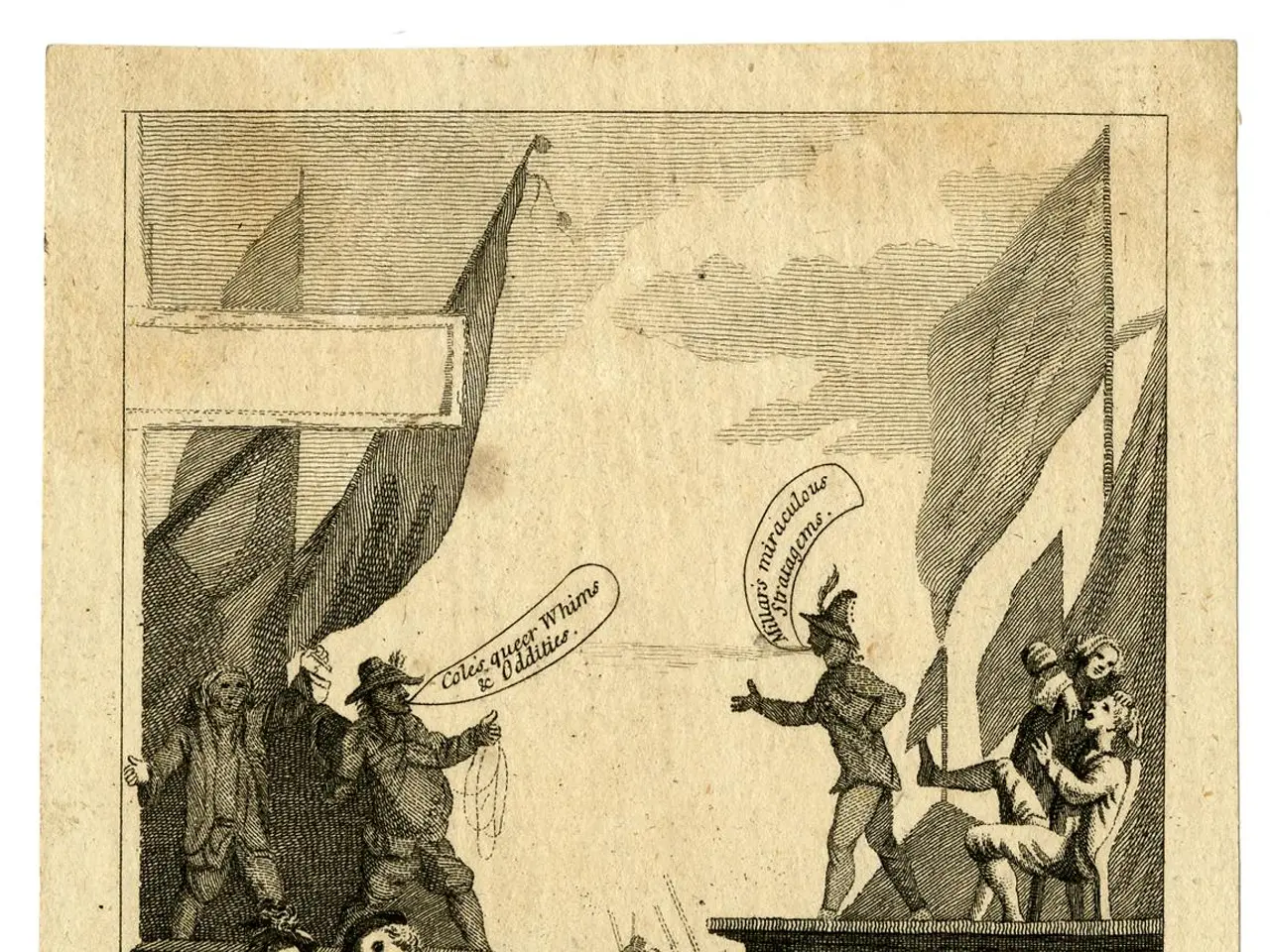 The image shows a group of people gathered around a table, with flags waving in the background. At...