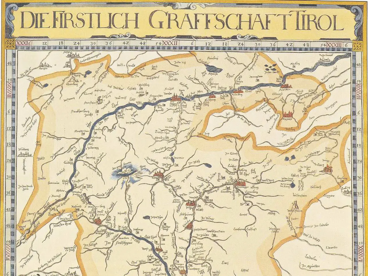 The image shows a poster of a map of the first German Graffschaft Tirol, with text and images on...