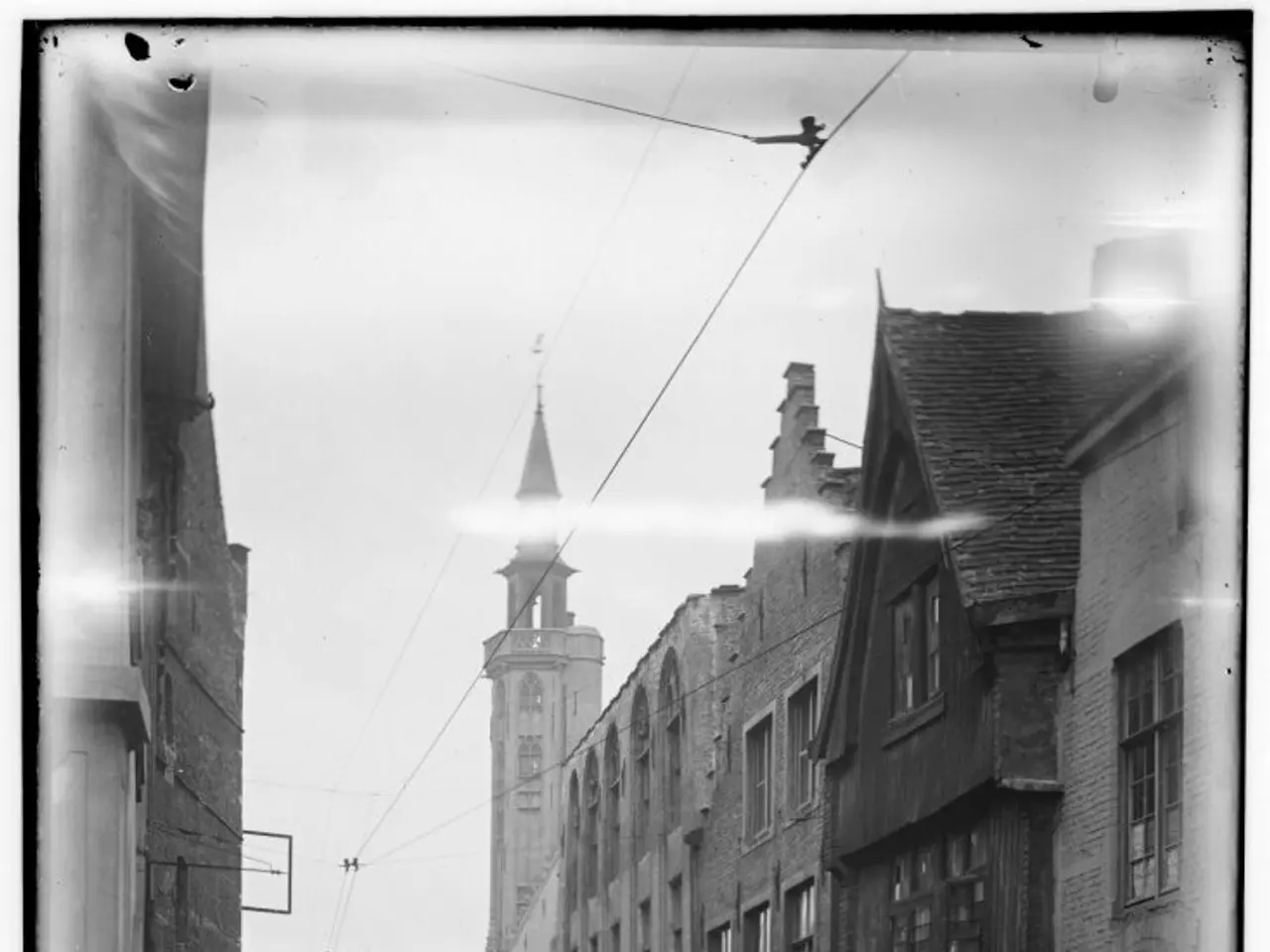 The image shows a person walking down a street with a clock tower in the background. The person is...