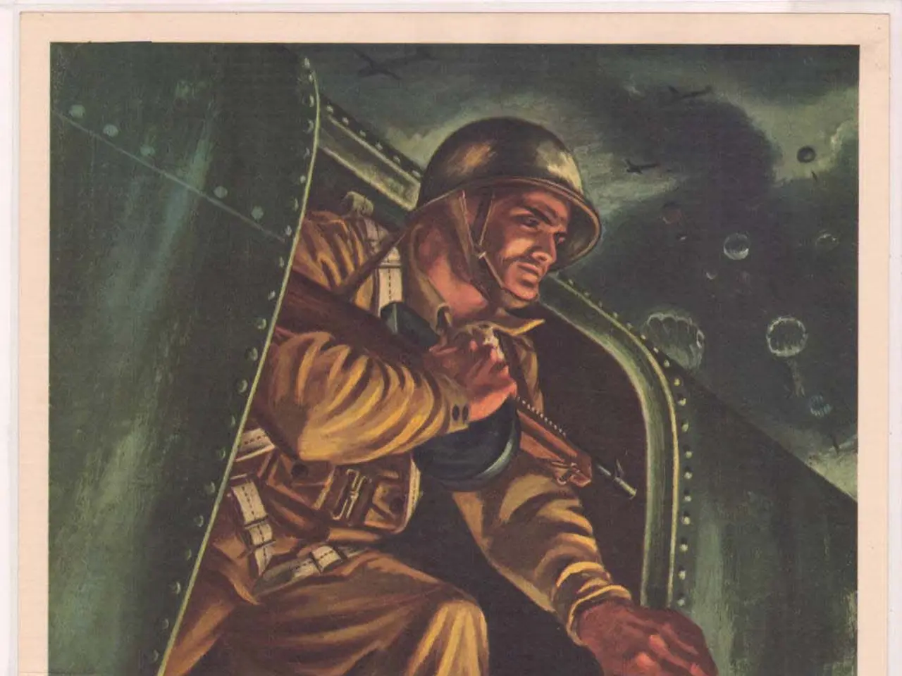 The image shows a poster with a person wearing a helmet and holding a gun, with the words "Invest...