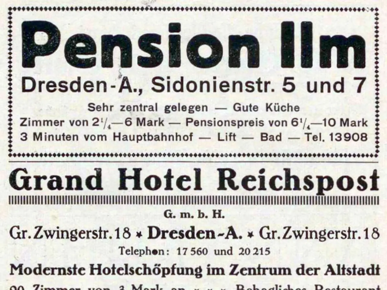 The image shows an old newspaper advertisement for the pension inn in Dresden, Germany, with black...