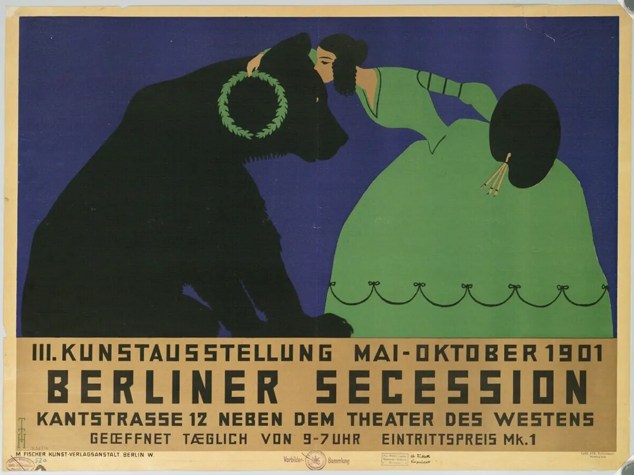 The image shows a poster for the Berliner Secession, featuring a woman in a green dress and a man...