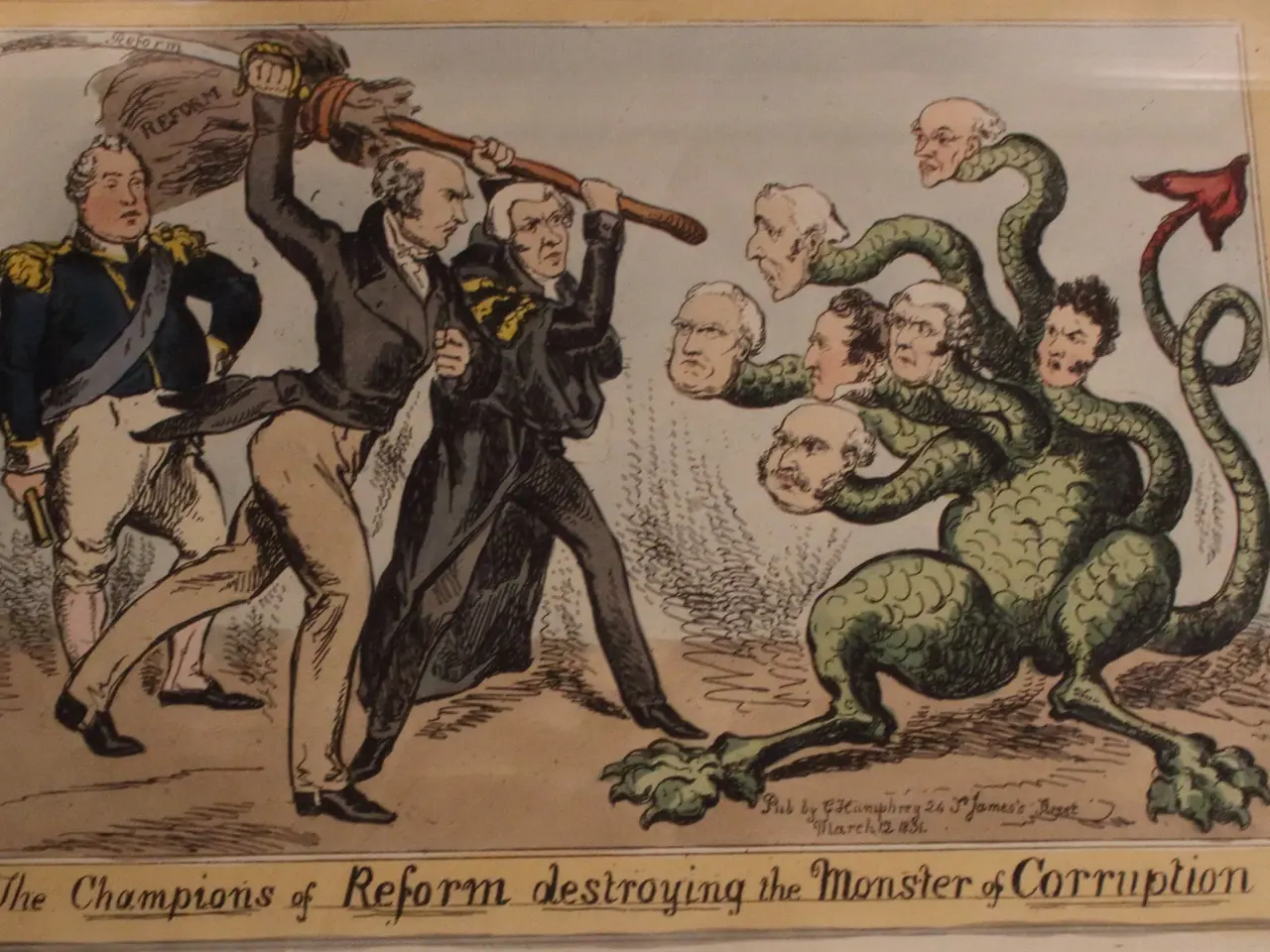 The image shows a paper with a cartoon depicting the champions of reform destroying the monster of...