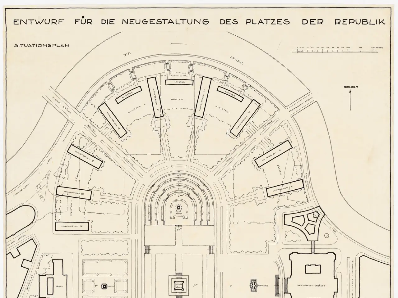 The image shows a plan of the city of Berlin, Germany, with a drawing of a building in the center....