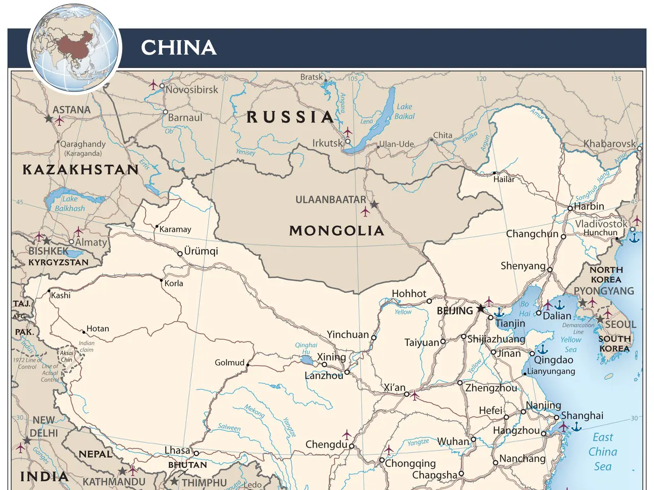 The image shows a poster of a political map of China, with text and a logo. The map is detailed,...