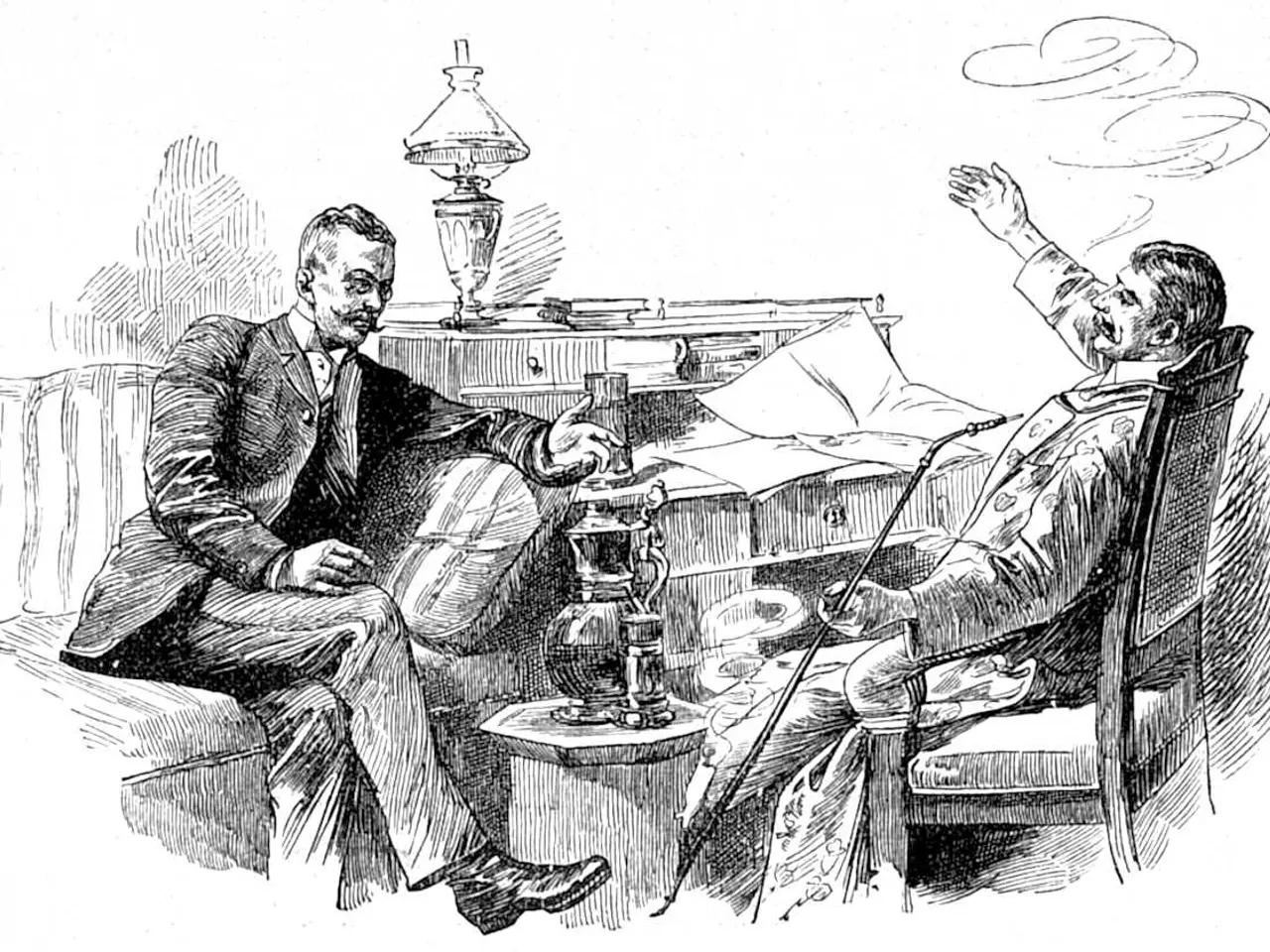 The image shows two men sitting at a table talking to each other. On the table there is a lamp,...