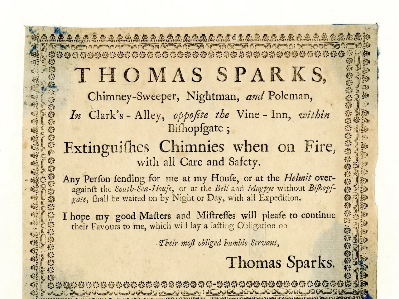 The image shows a paper with the text "Thomas Sparks, Chimney-Sweeper, Nightman, and Poleman, in...