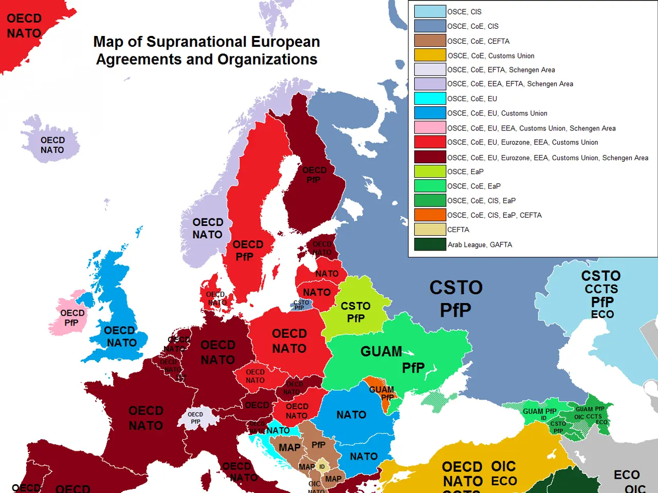 The image shows a poster of a map of Europe with different colors representing the different...