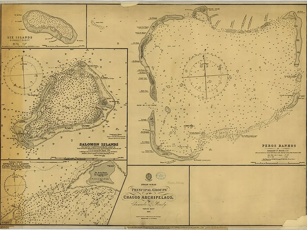 The image shows an old map of the British Virgin Islands, with the principal groups of Chagos...