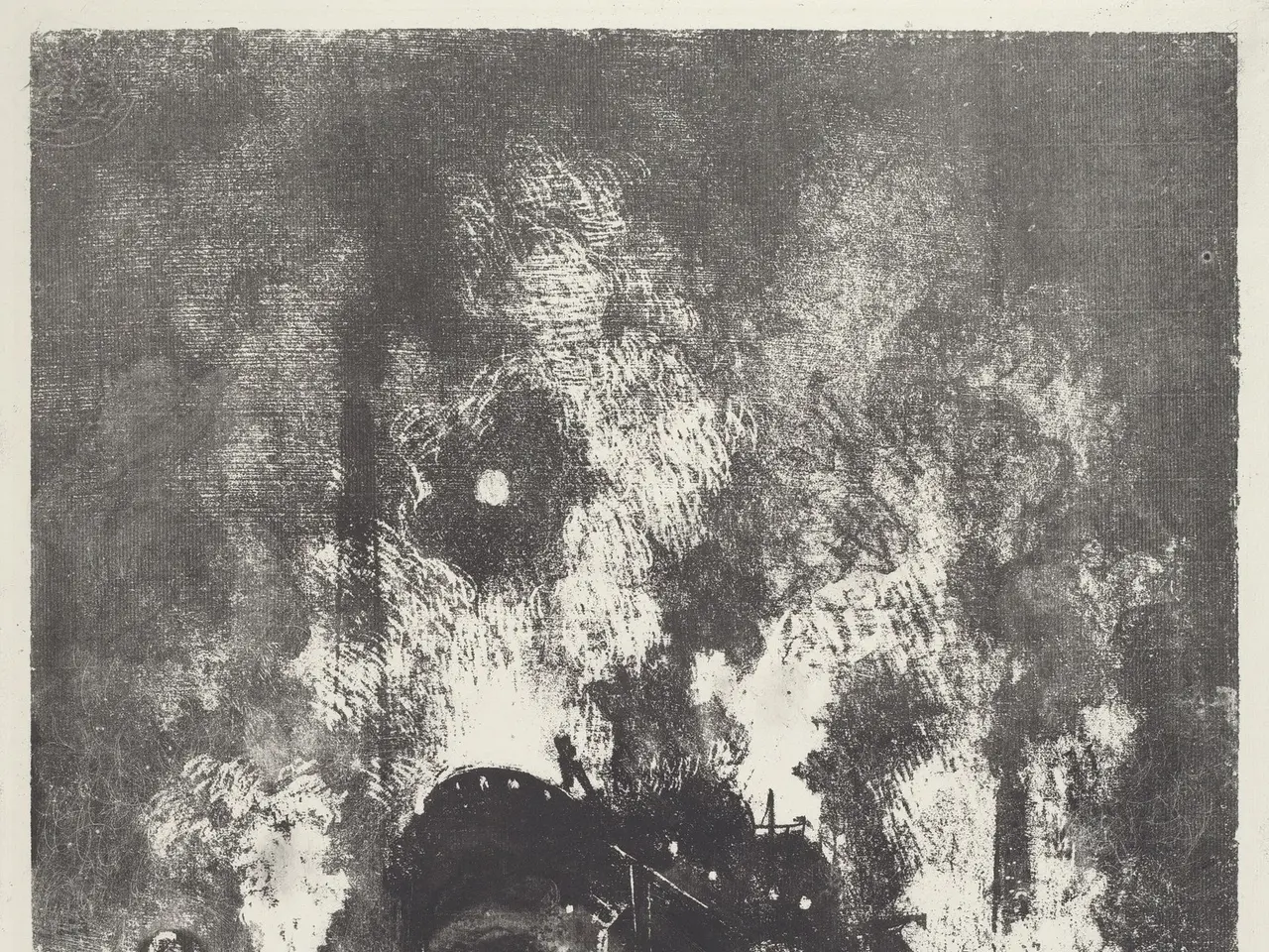 The image shows a black and white drawing of a train on fire, with smoke billowing out of the...