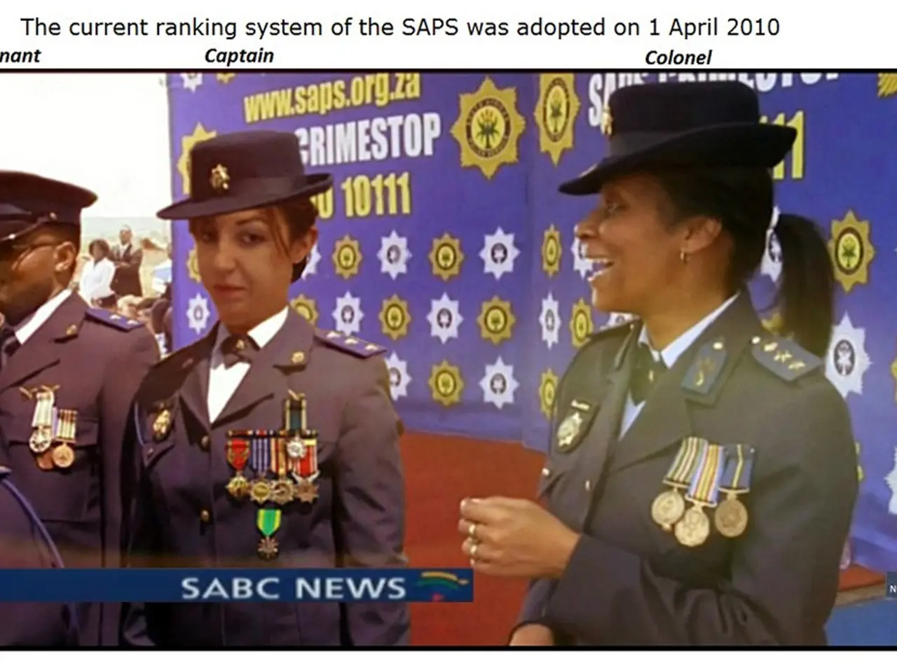 The image shows a group of people wearing uniforms and hats, with a banner in the background. At...