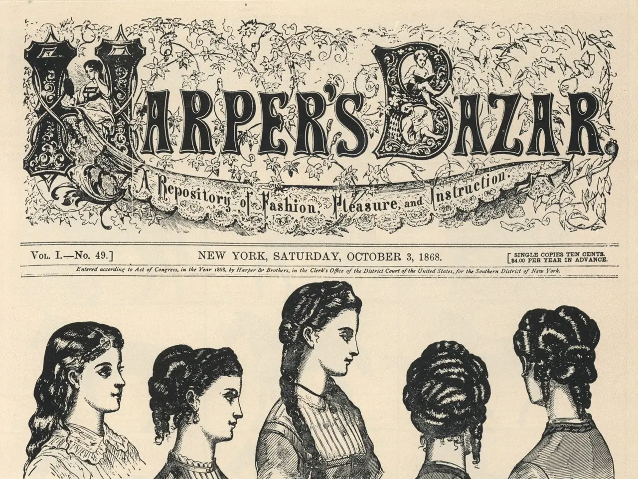The image shows a paper with pictures of women with different hairstyles from Harper's Bazaar, a...