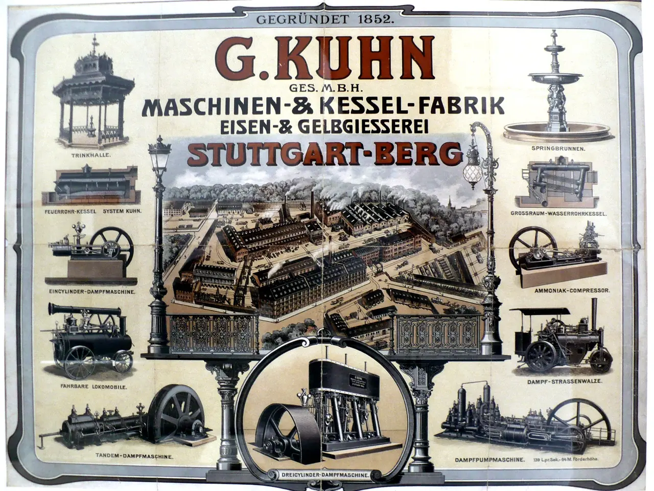 The image shows an advertisement for G. Kuhn's Stuttgart-Berg Machinery, featuring a poster with...