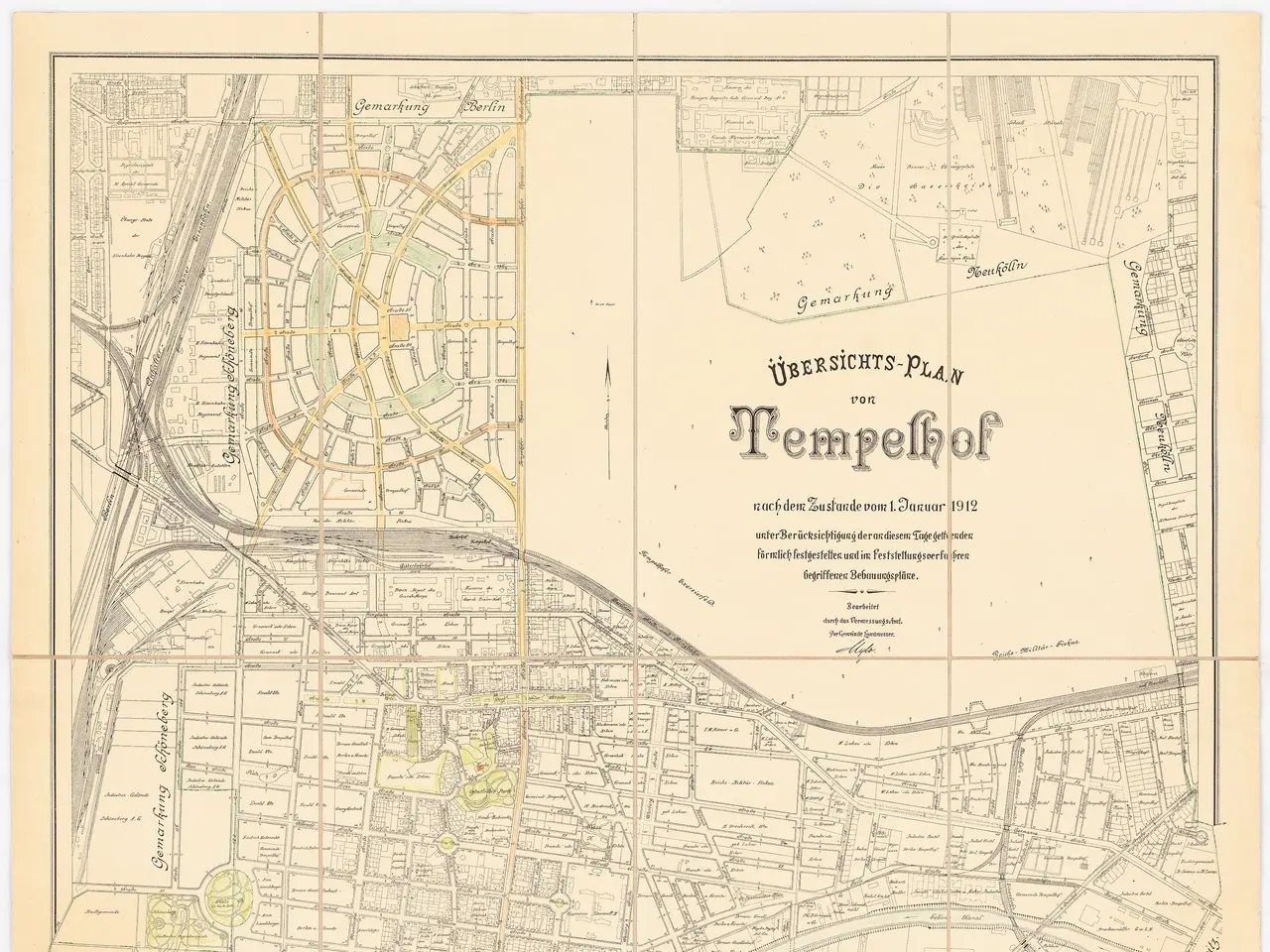 The image shows an old map of the city of Tempelhof, Germany, with text written on it. The map is...