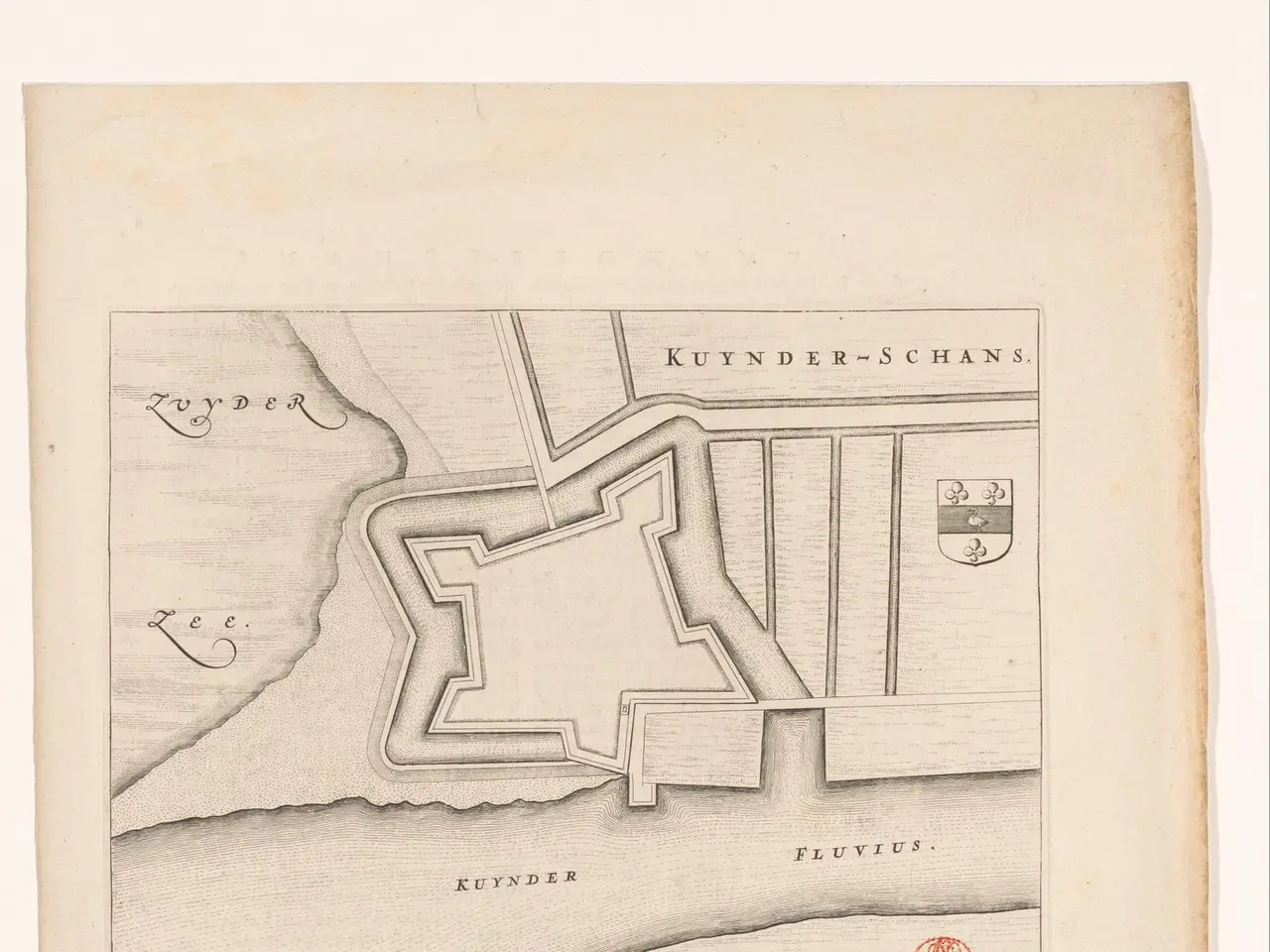 The image shows an old book with a drawing of a map of the city of Kuynder-Schans on it. The map is...