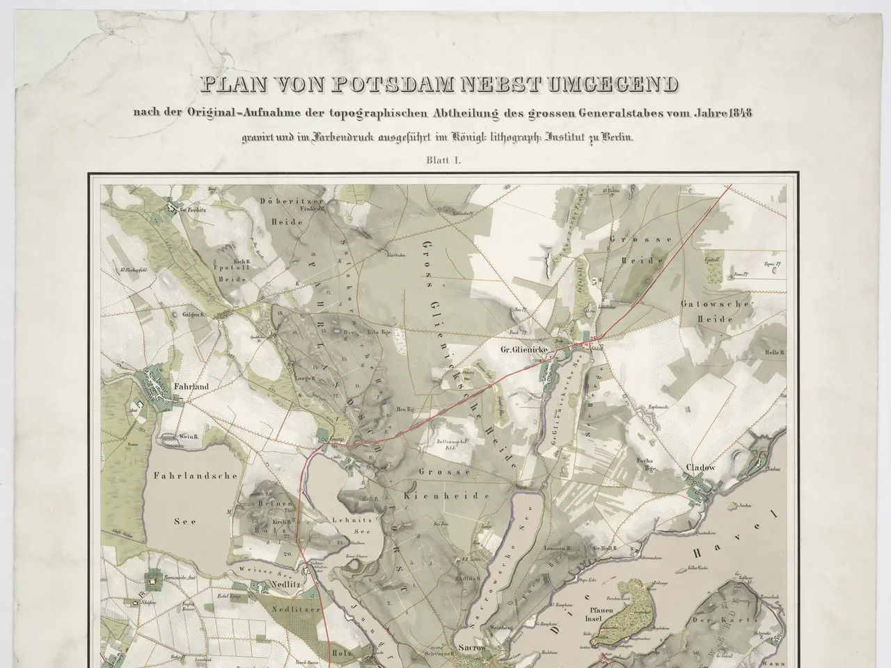 The image shows an old map of the city of Potsdam, Germany, with text at the top and bottom of the...