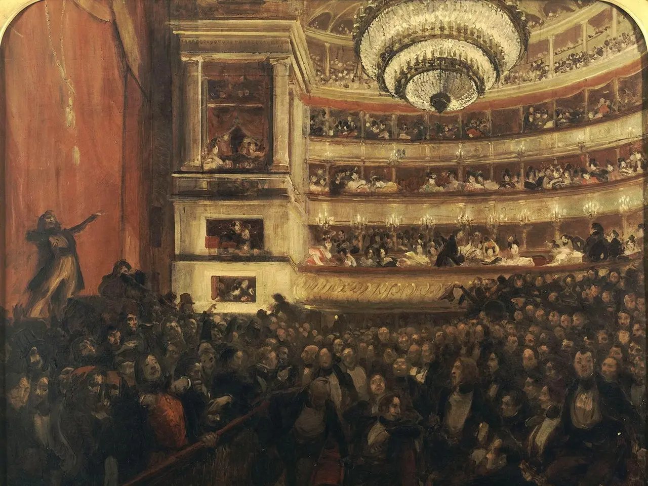 The image shows a painting of a large crowd of people in a theater, with a person standing on the...