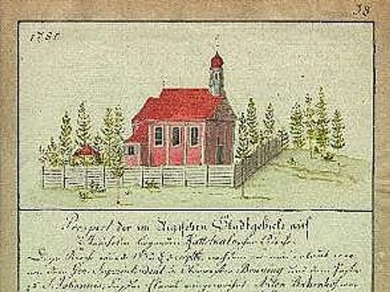 The image shows an old book with a drawing of a red house in the middle of it, surrounded by trees...