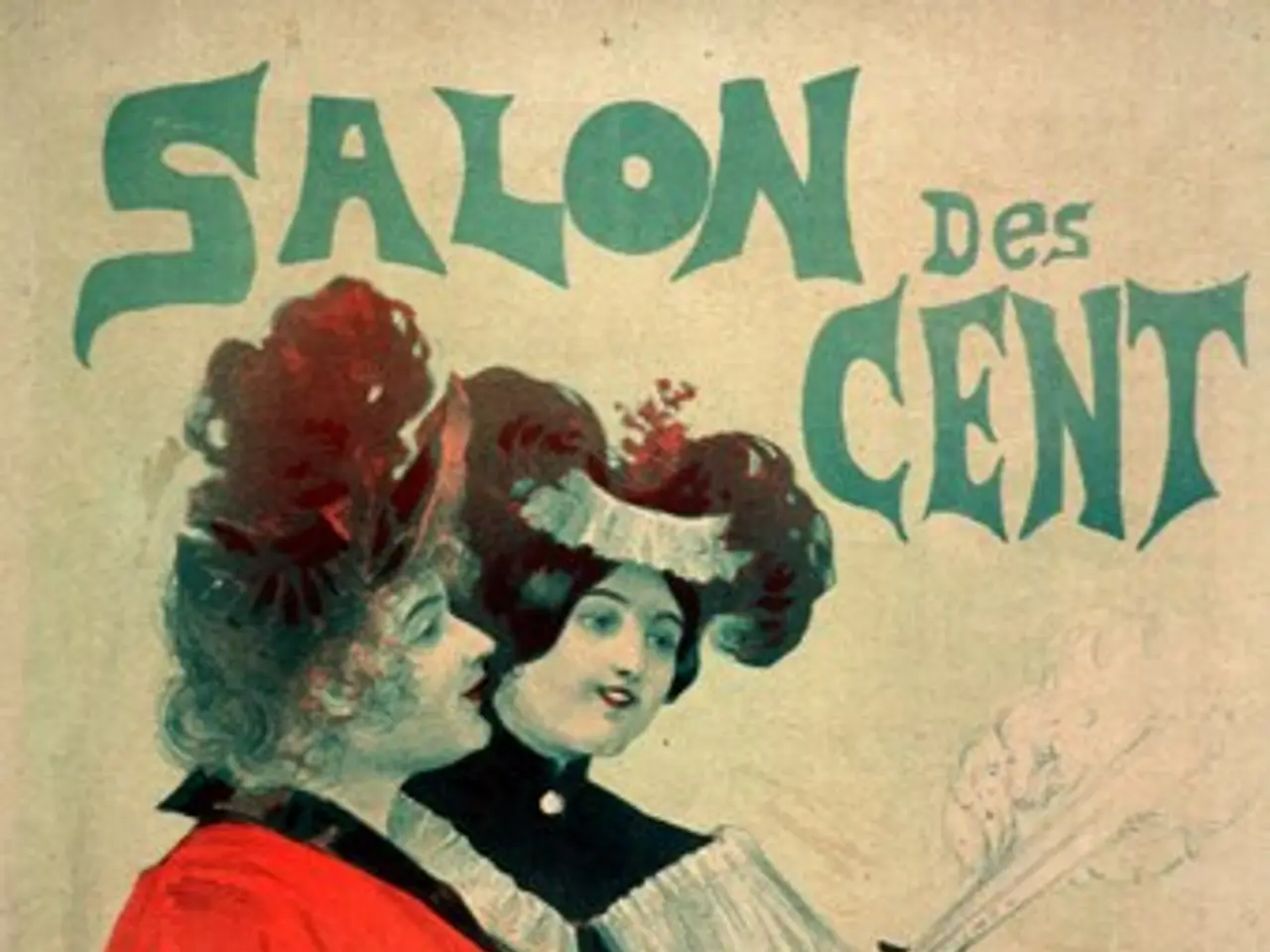 The image shows a poster advertising a salon des cent, featuring two women with human faces. The...