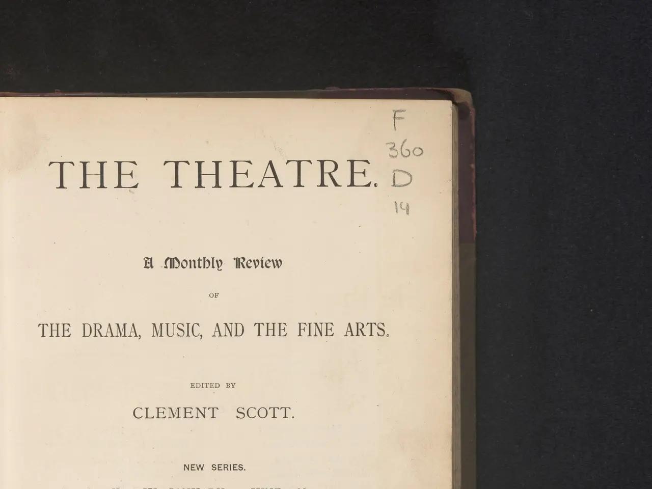The image shows a book with the title "The Theatre: A Monthly Review of the Drama, Music, and the...