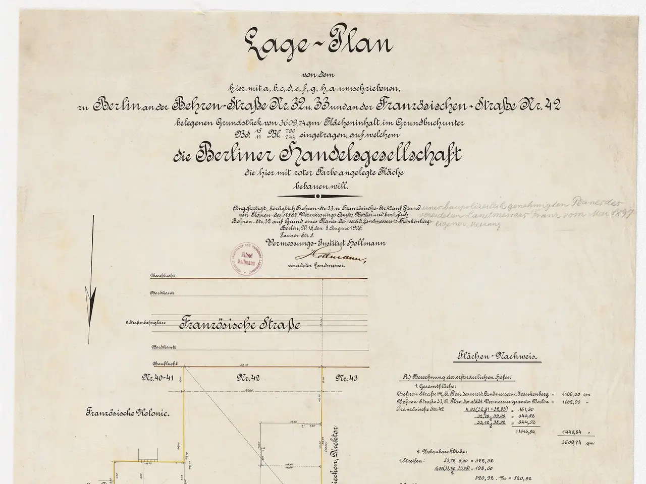 The image shows an old document with a map of a building on it, which is a plan of the Berliner...