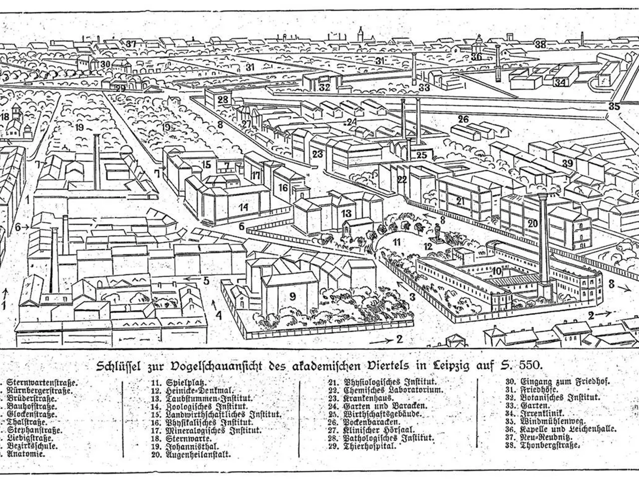 The image shows a black and white drawing of a city with lots of buildings, trees, and poles. At...
